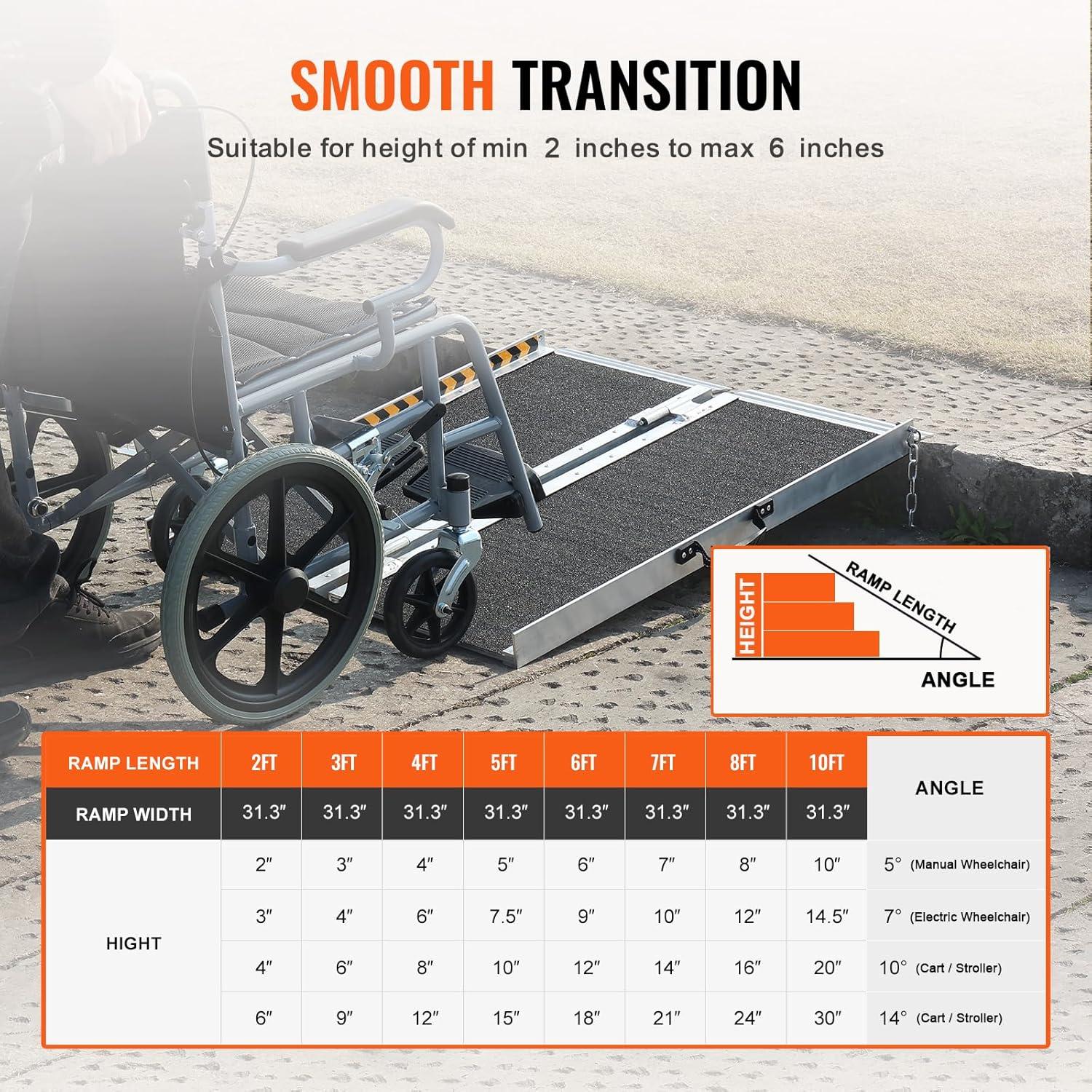 image:imageVEVOR Portable Wheelchair Ramp 6FT NonSlip Aluminum Folding Handicap Ramp Door Threshold Ramps for Wheelchair for HomeWheel Chair Ramp Steps Cars Scooter Cart Curbs Stairs2FT For height 26
