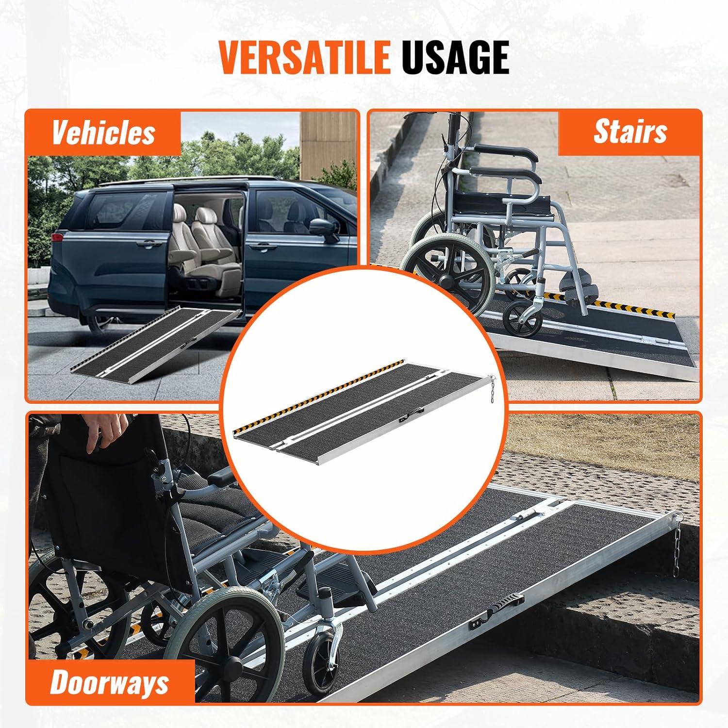 image:imageVEVOR Portable Wheelchair Ramp 6FT NonSlip Aluminum Folding Handicap Ramp Door Threshold Ramps for Wheelchair for HomeWheel Chair Ramp Steps Cars Scooter Cart Curbs Stairs4FT For height 412