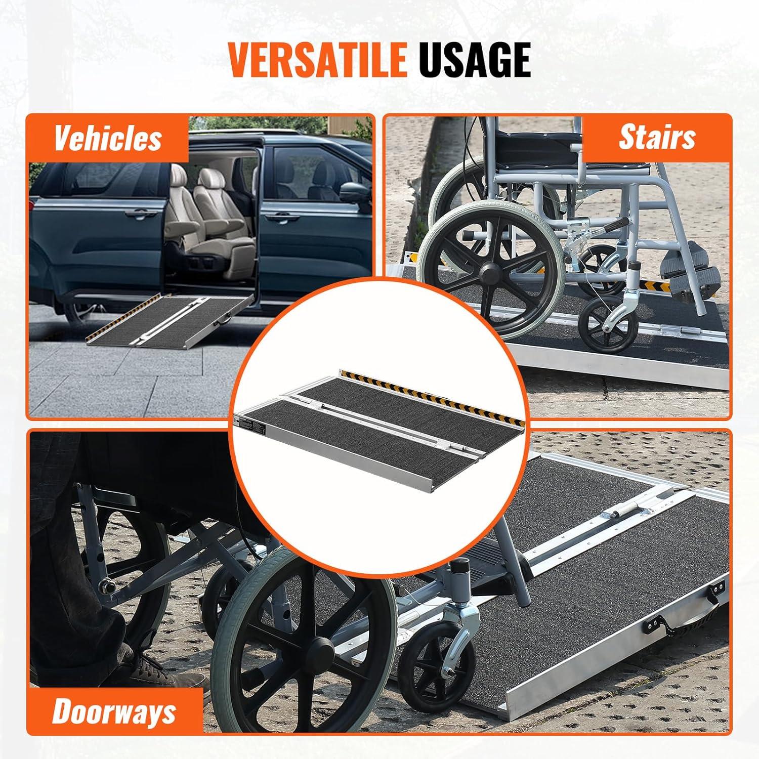 image:imageVEVOR Portable Wheelchair Ramp 6FT NonSlip Aluminum Folding Handicap Ramp Door Threshold Ramps for Wheelchair for HomeWheel Chair Ramp Steps Cars Scooter Cart Curbs Stairs2FT For height 26