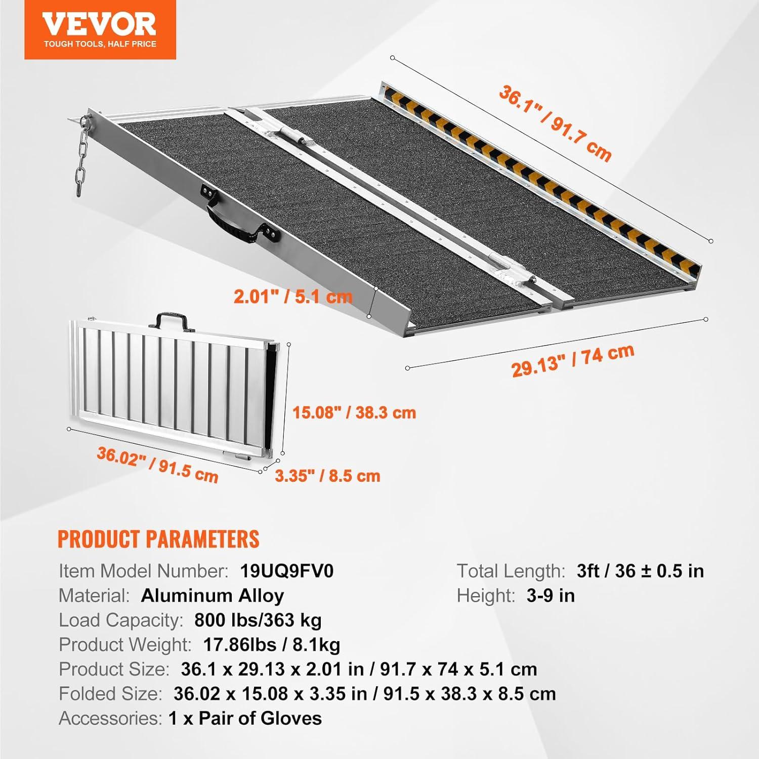 image:imageVEVOR Portable Wheelchair Ramp 6FT NonSlip Aluminum Folding Handicap Ramp Door Threshold Ramps for Wheelchair for HomeWheel Chair Ramp Steps Cars Scooter Cart Curbs Stairs3FT For height 39