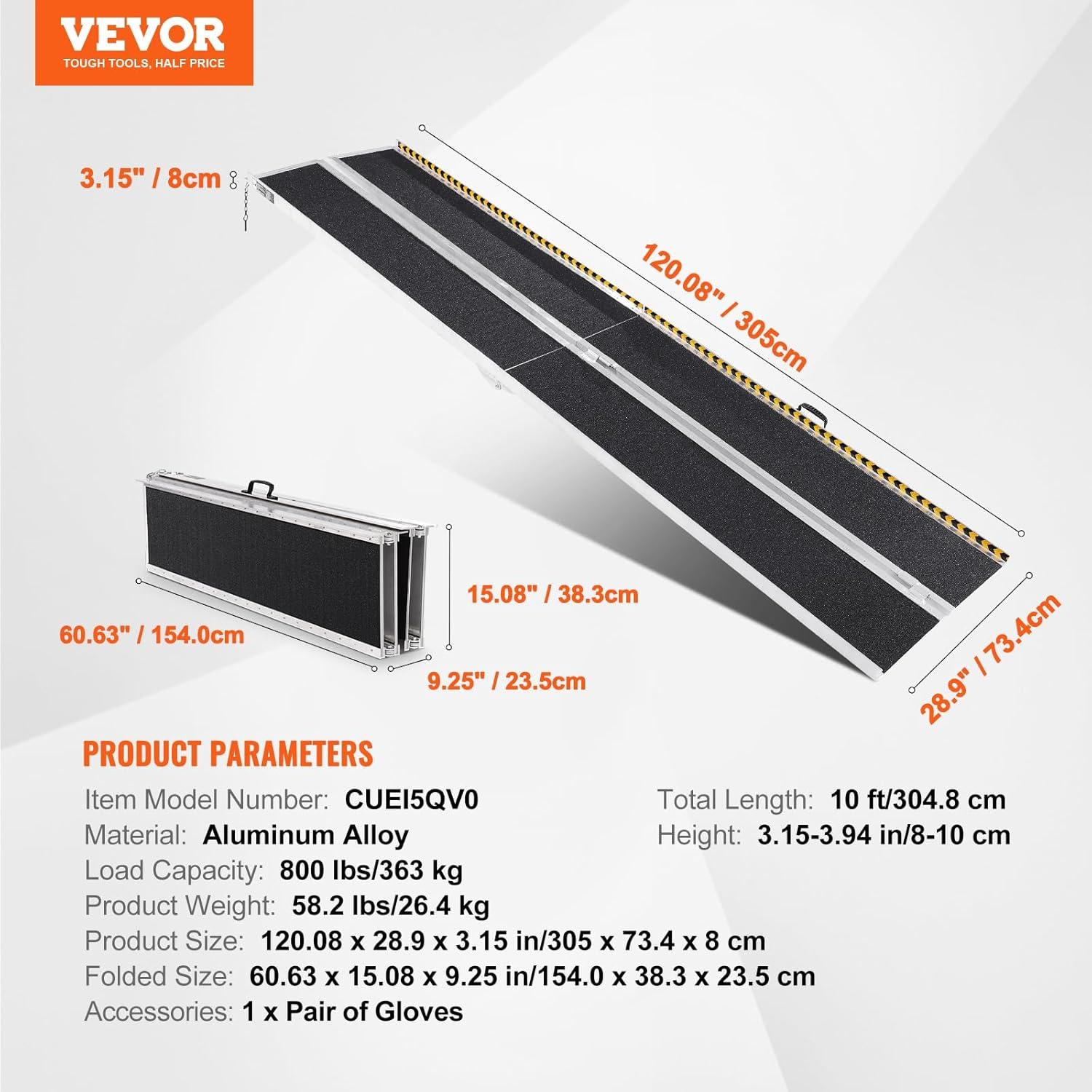 image:imageVEVOR Portable Wheelchair Ramp 6FT NonSlip Aluminum Folding Handicap Ramp Door Threshold Ramps for Wheelchair for HomeWheel Chair Ramp Steps Cars Scooter Cart Curbs Stairs10FT For height 1030