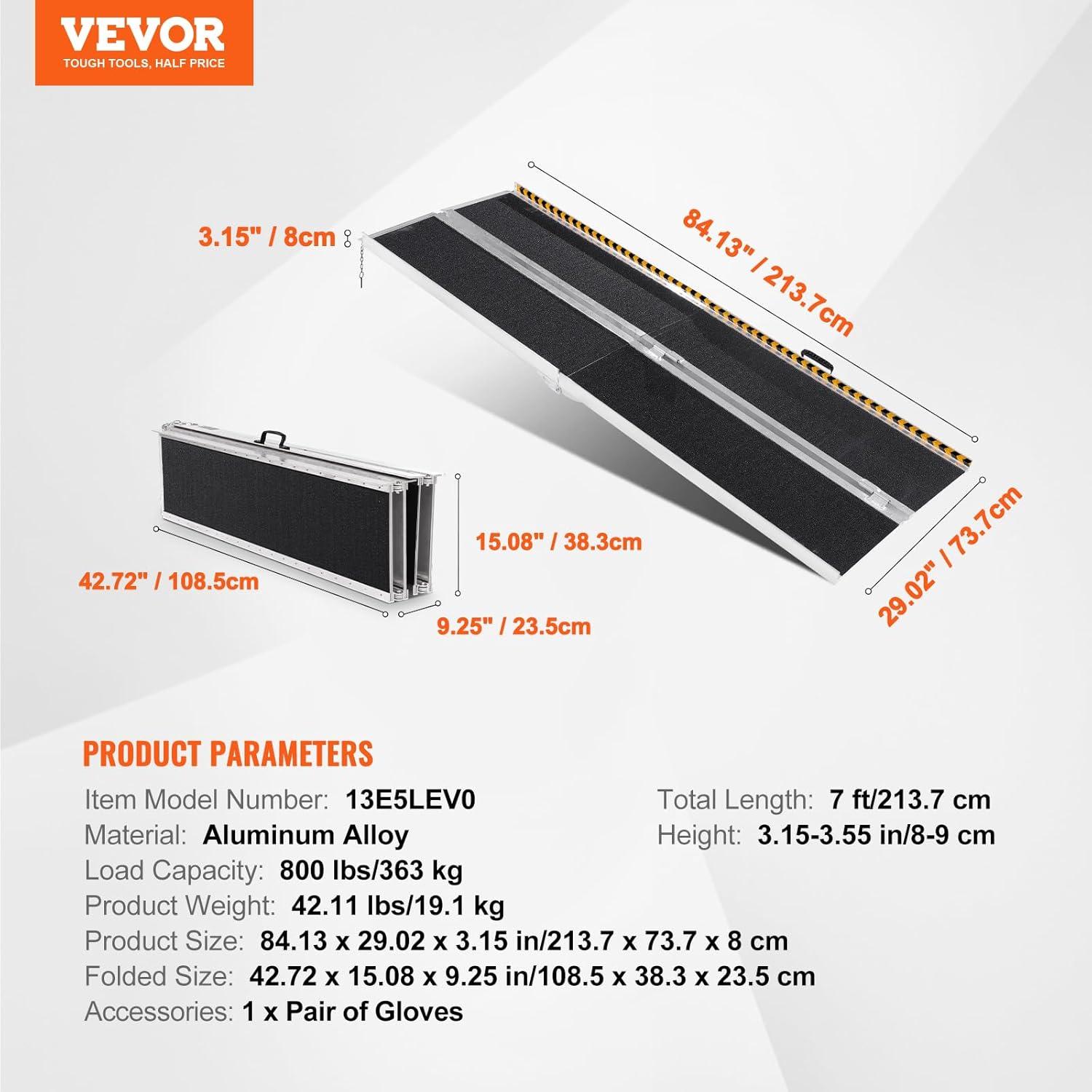 image:imageVEVOR Portable Wheelchair Ramp 6FT NonSlip Aluminum Folding Handicap Ramp Door Threshold Ramps for Wheelchair for HomeWheel Chair Ramp Steps Cars Scooter Cart Curbs Stairs7FT For height 721