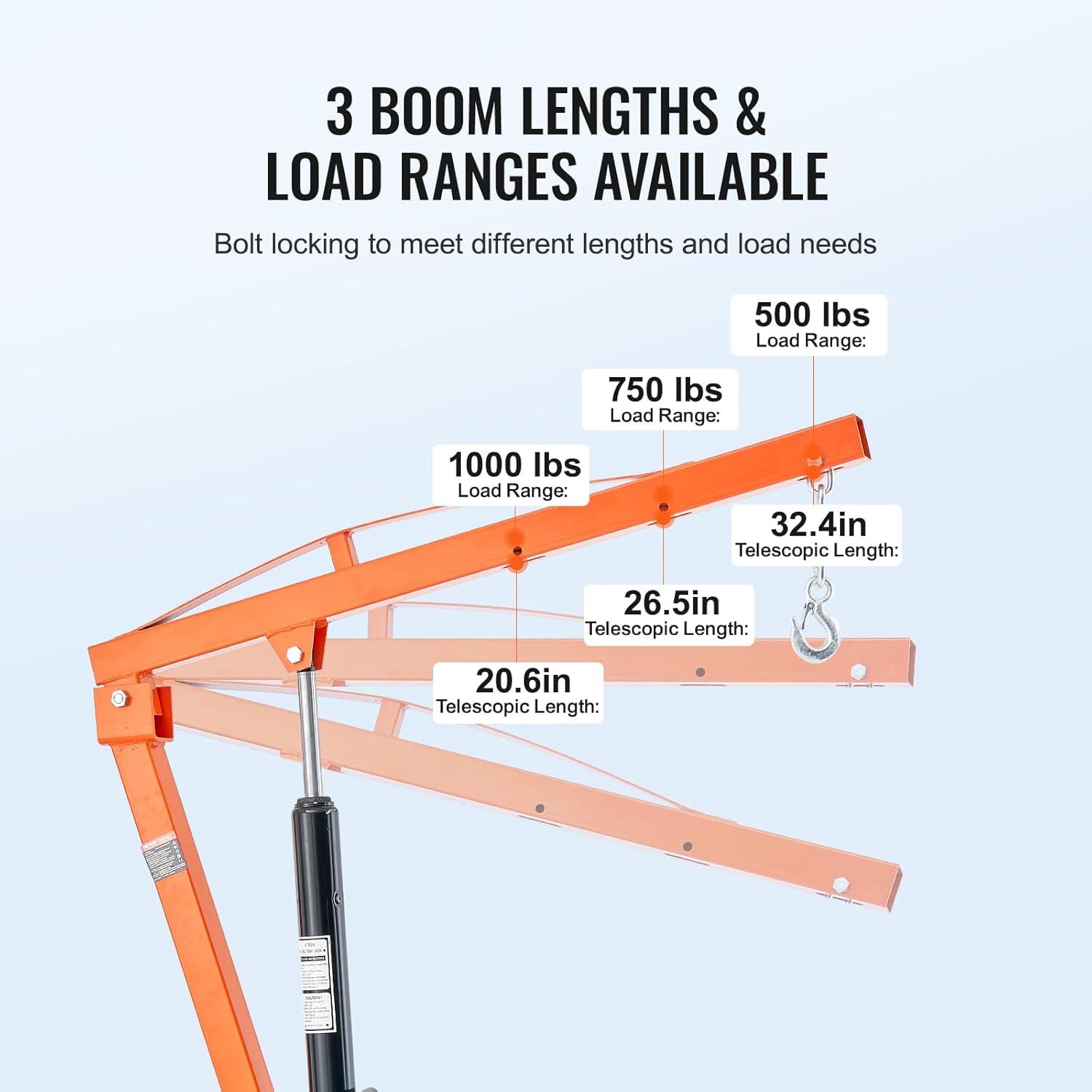 image:imageVEVOR Receiver Hitch Mounted Hydraulic Pickup Truck Crane 1000 lbs Capacity 360 Swivel Three Boom Capacities of 500 lbs 750 lbs amp 1000 lbs for Lifting Goods in Construction Forestry FactoryHitchMount Crane with Adjustable Support Legs