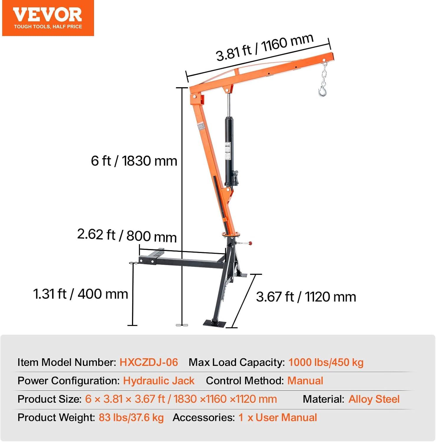 image:imageVEVOR Receiver Hitch Mounted Hydraulic Pickup Truck Crane 1000 lbs Capacity 360 Swivel Three Boom Capacities of 500 lbs 750 lbs amp 1000 lbs for Lifting Goods in Construction Forestry FactoryHitchMount Crane with Adjustable Support Legs