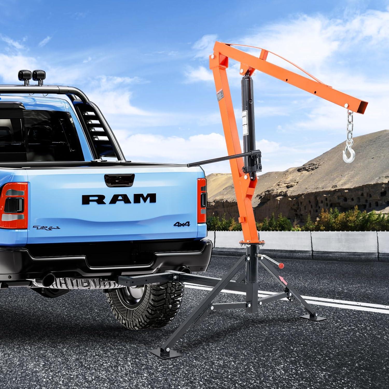image:imageVEVOR Receiver Hitch Mounted Hydraulic Pickup Truck Crane 1000 lbs Capacity 360 Swivel Three Boom Capacities of 500 lbs 750 lbs amp 1000 lbs for Lifting Goods in Construction Forestry FactoryHitchMount Crane with Adjustable Support Legs