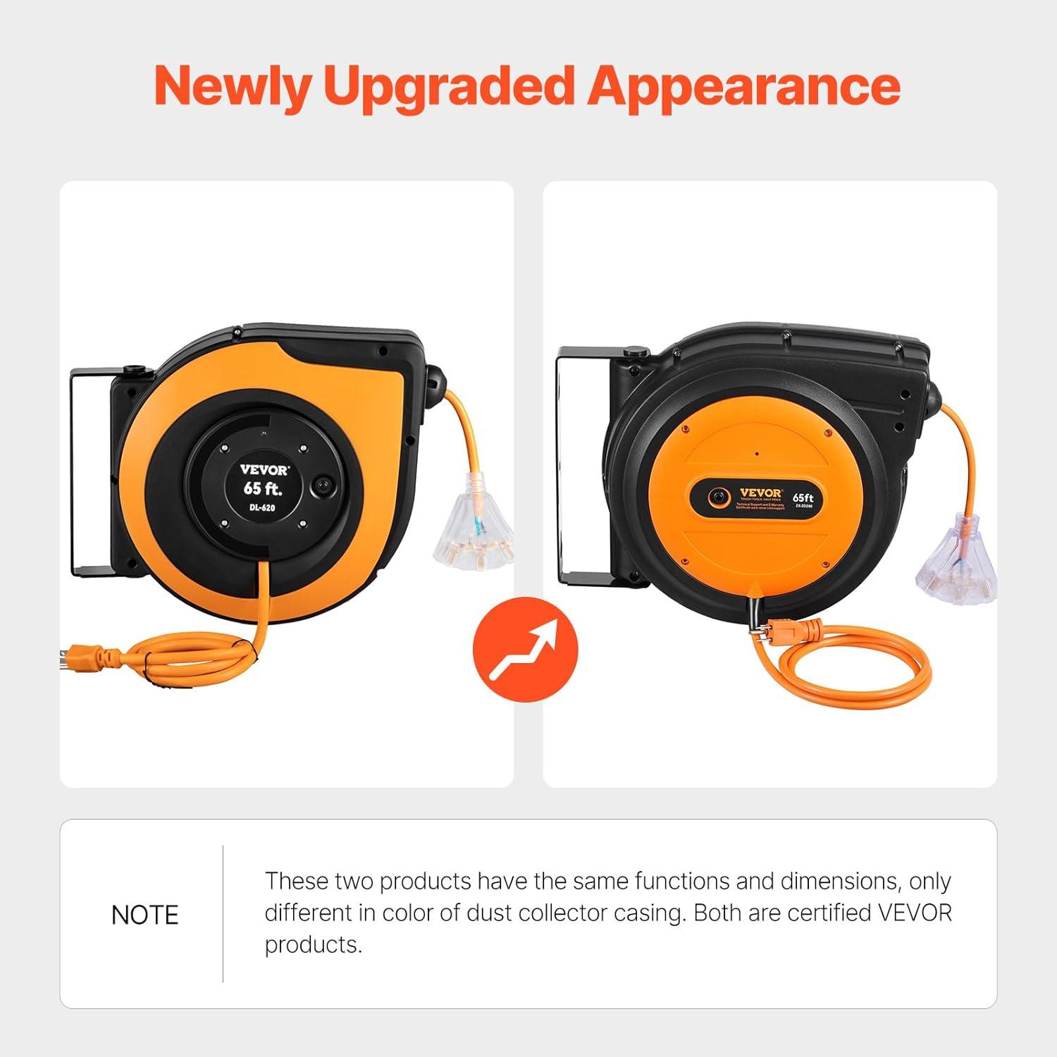 image:imageVEVOR Retractable Extension Cord Reel 65 FT Heavy Duty 12AWG3C SJTOW Retractable Power Cord with Lighted Triple Tap Outlet 15 Amp Circuit Breaker 180 Swivel Bracket for Ceiling or Wall MountOrange