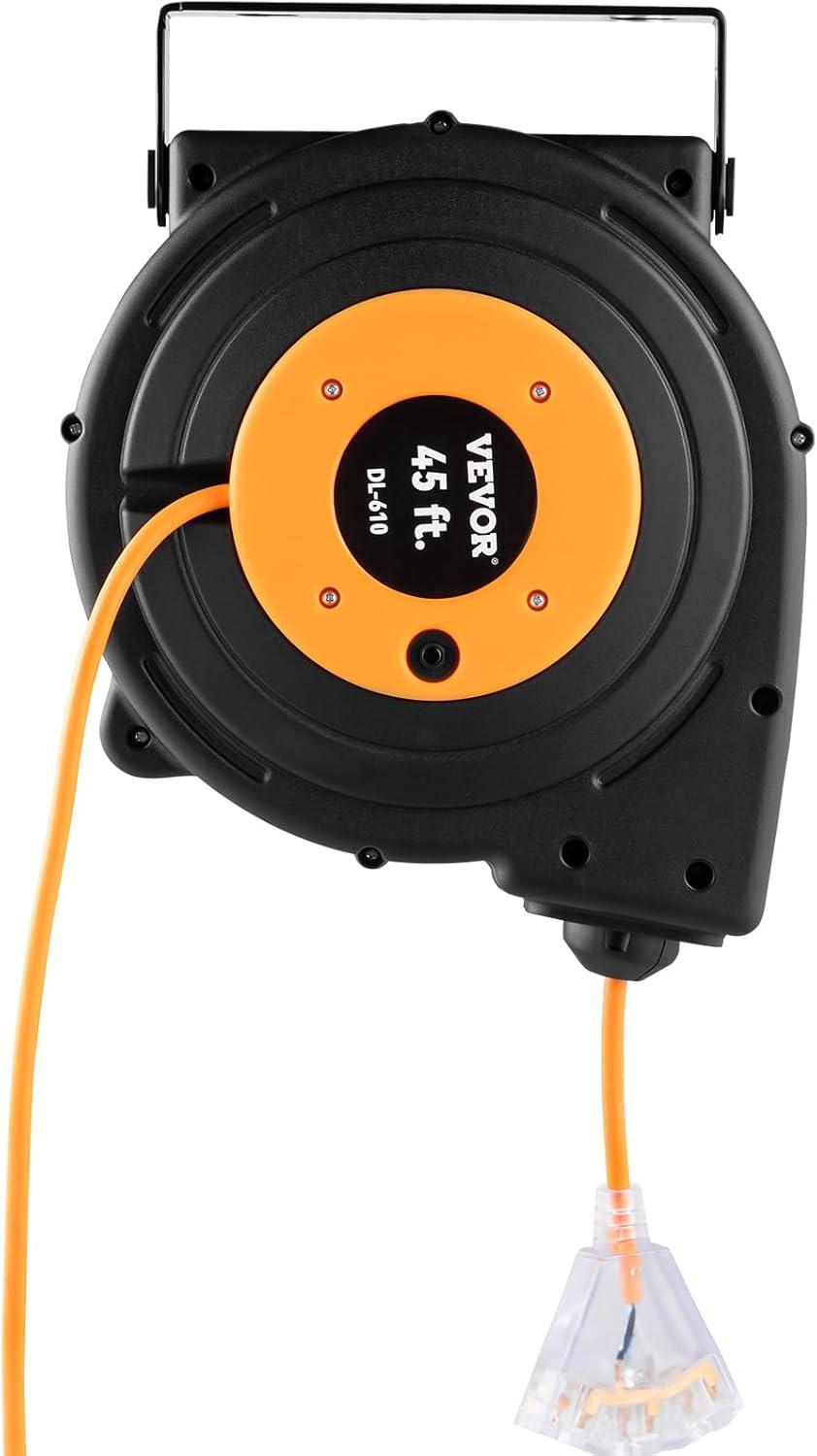 image:imageVEVOR Retractable Extension Cord Reel 65 FT Heavy Duty 12AWG3C SJTOW Retractable Power Cord with Lighted Triple Tap Outlet 15 Amp Circuit Breaker 180 Swivel Bracket for Ceiling or Wall MountBlack Orange