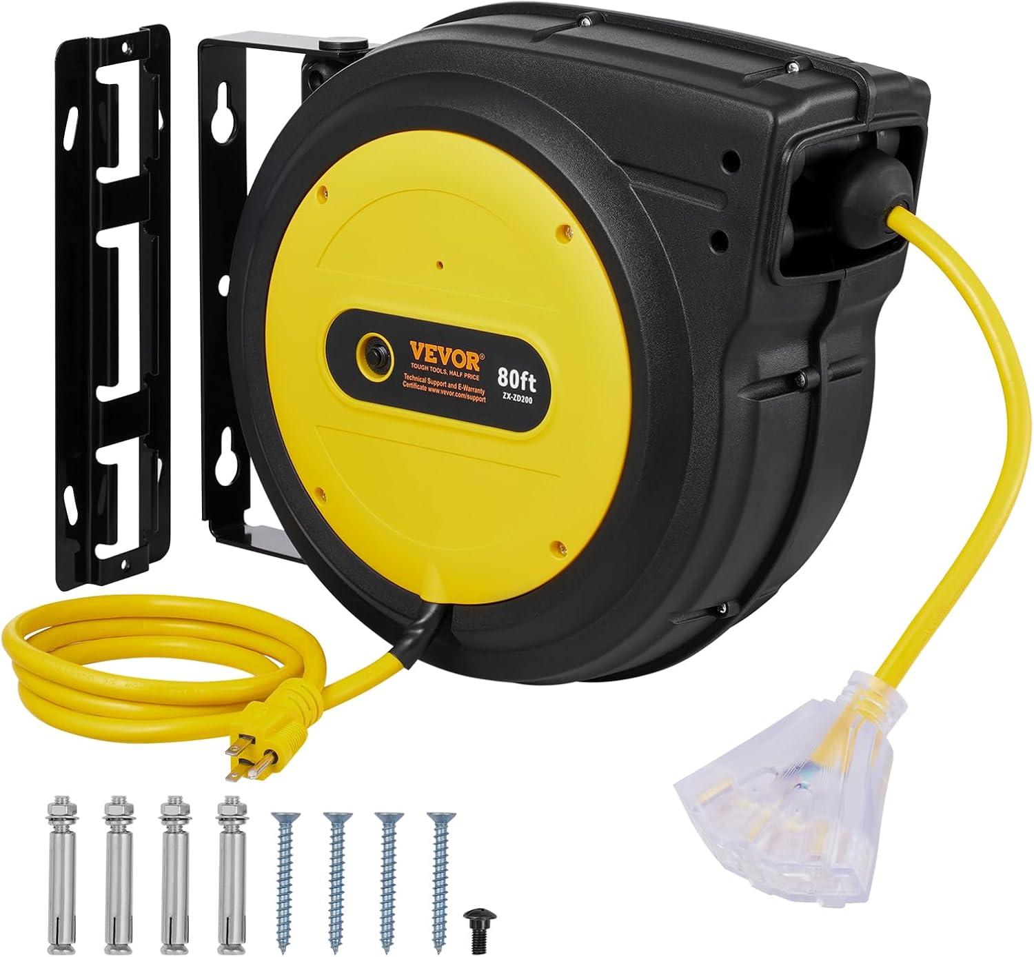 image:imageVEVOR Retractable Extension Cord Reel 65 FT Heavy Duty 12AWG3C SJTOW Retractable Power Cord with Lighted Triple Tap Outlet 15 Amp Circuit Breaker 180 Swivel Bracket for Ceiling or Wall MountYellow