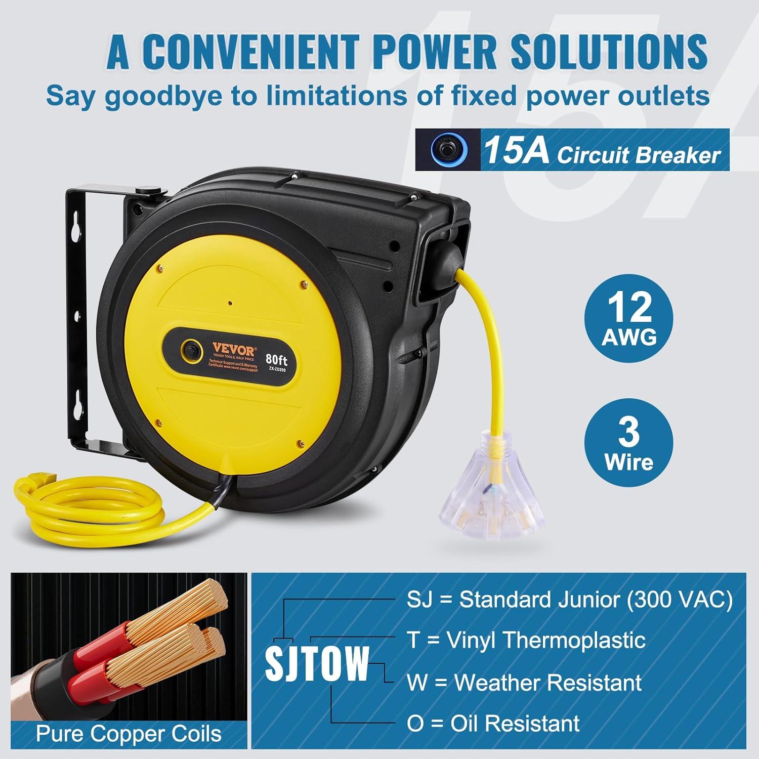 image:imageVEVOR Retractable Extension Cord Reel 65 FT Heavy Duty 12AWG3C SJTOW Retractable Power Cord with Lighted Triple Tap Outlet 15 Amp Circuit Breaker 180 Swivel Bracket for Ceiling or Wall MountYellow