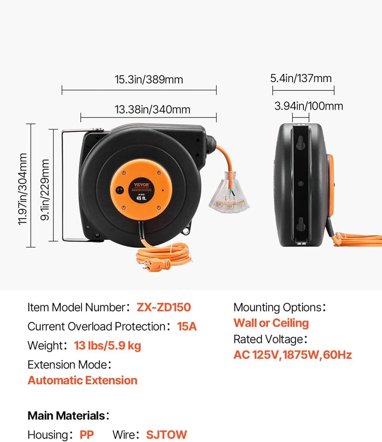 image:imageVEVOR Retractable Extension Cord Reel 65 FT Heavy Duty 12AWG3C SJTOW Retractable Power Cord with Lighted Triple Tap Outlet 15 Amp Circuit Breaker 180 Swivel Bracket for Ceiling or Wall MountBlack Orange
