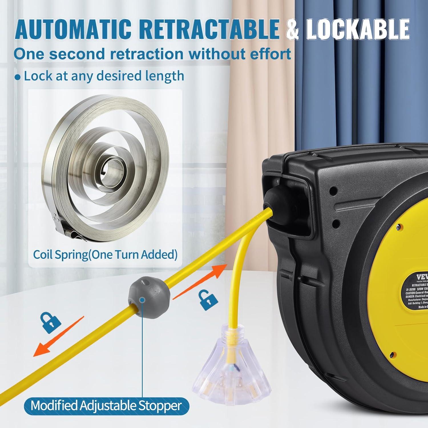 image:imageVEVOR Retractable Extension Cord Reel 65 FT Heavy Duty 12AWG3C SJTOW Retractable Power Cord with Lighted Triple Tap Outlet 15 Amp Circuit Breaker 180 Swivel Bracket for Ceiling or Wall MountYellow