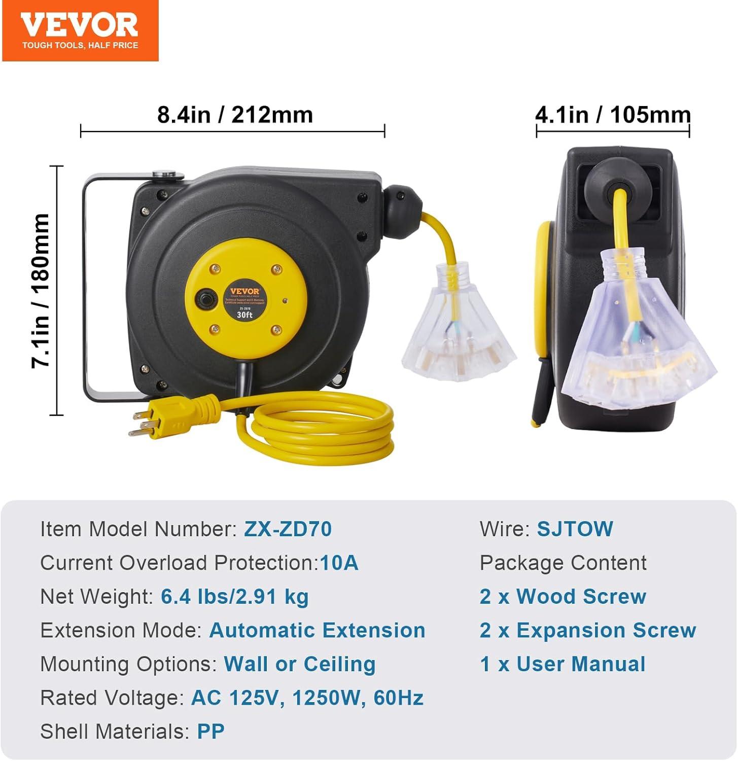 image:imageVEVOR Retractable Extension Cord Reel 65 FT Heavy Duty 12AWG3C SJTOW Retractable Power Cord with Lighted Triple Tap Outlet 15 Amp Circuit Breaker 180 Swivel Bracket for Ceiling or Wall MountYellow