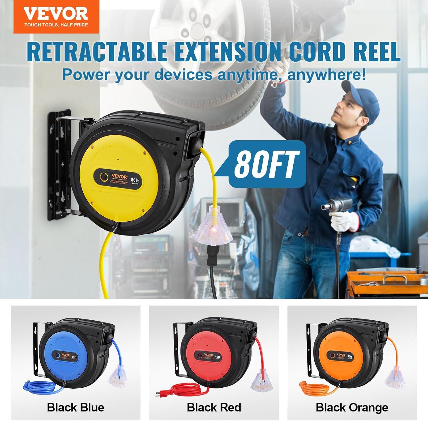 image:imageVEVOR Retractable Extension Cord Reel 65 FT Heavy Duty 12AWG3C SJTOW Retractable Power Cord with Lighted Triple Tap Outlet 15 Amp Circuit Breaker 180 Swivel Bracket for Ceiling or Wall MountYellow
