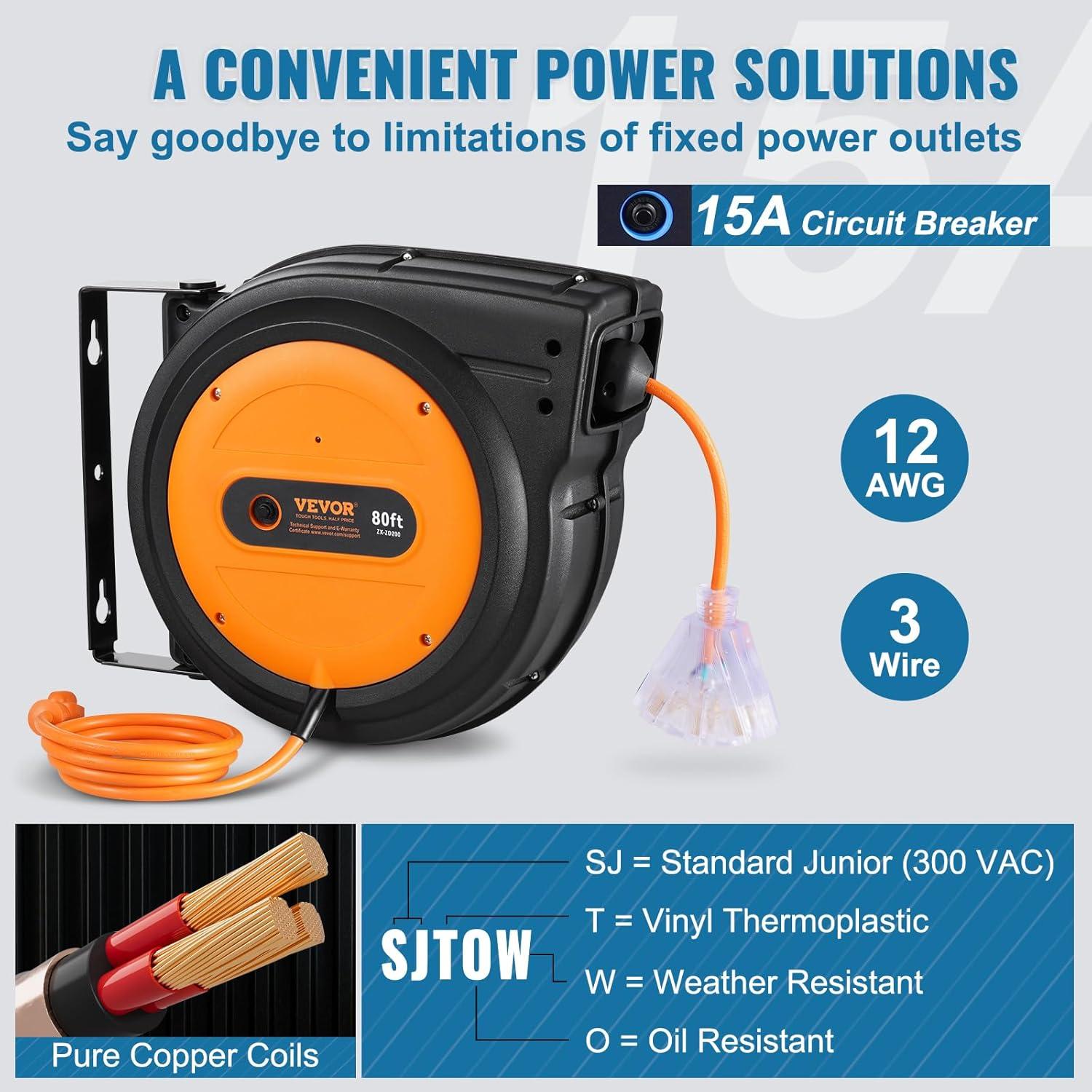image:imageVEVOR Retractable Extension Cord Reel 65 FT Heavy Duty 12AWG3C SJTOW Retractable Power Cord with Lighted Triple Tap Outlet 15 Amp Circuit Breaker 180 Swivel Bracket for Ceiling or Wall MountOrange