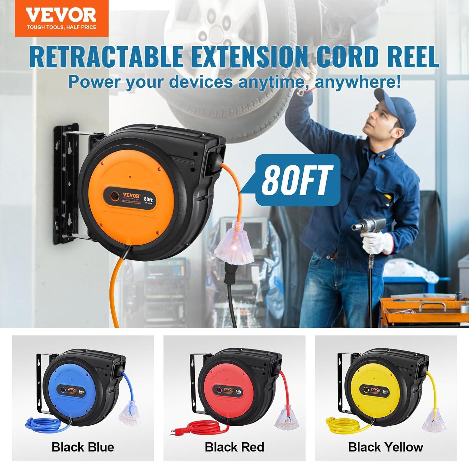 image:imageVEVOR Retractable Extension Cord Reel 65 FT Heavy Duty 12AWG3C SJTOW Retractable Power Cord with Lighted Triple Tap Outlet 15 Amp Circuit Breaker 180 Swivel Bracket for Ceiling or Wall MountOrange