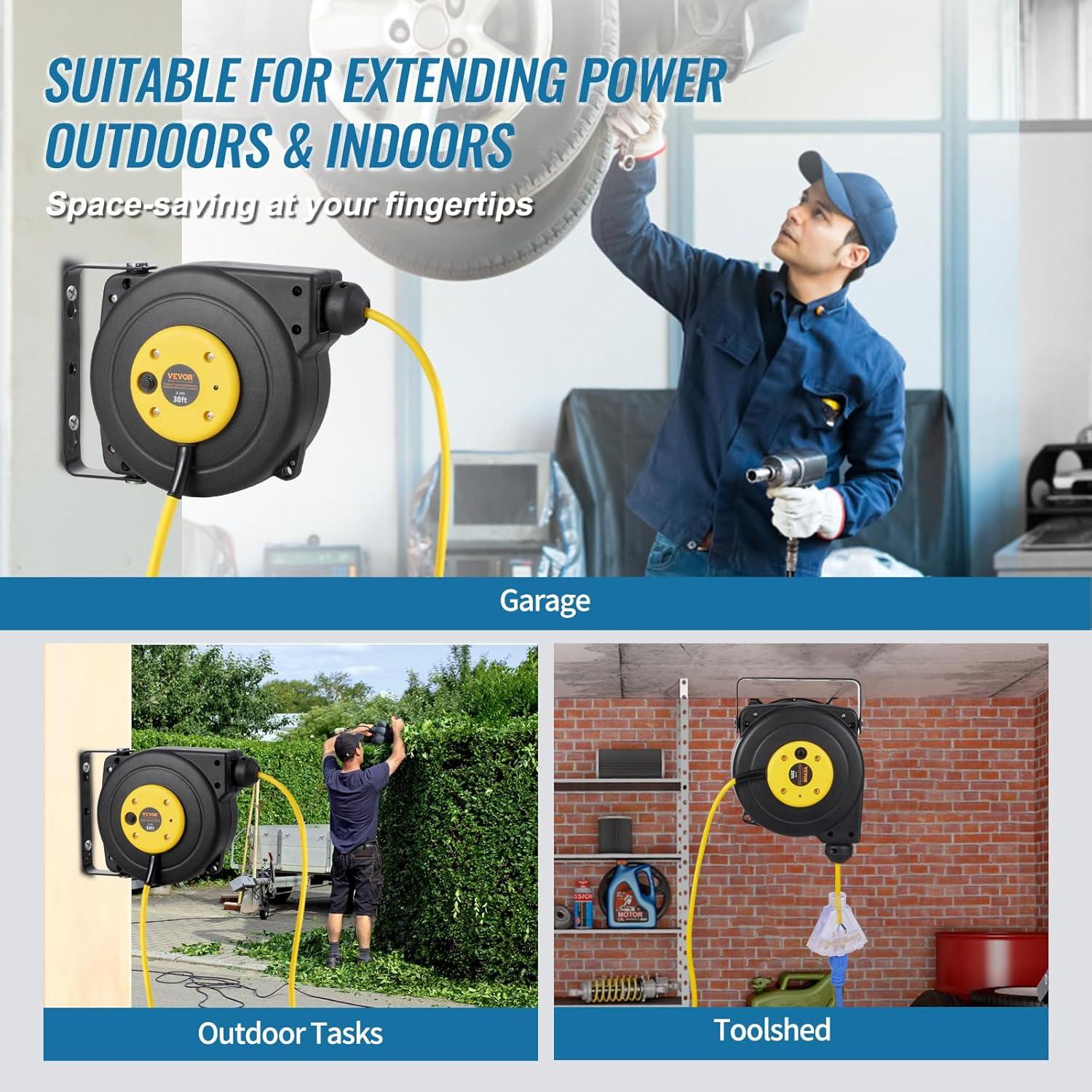 image:imageVEVOR Retractable Extension Cord Reel 65 FT Heavy Duty 12AWG3C SJTOW Retractable Power Cord with Lighted Triple Tap Outlet 15 Amp Circuit Breaker 180 Swivel Bracket for Ceiling or Wall MountYellow