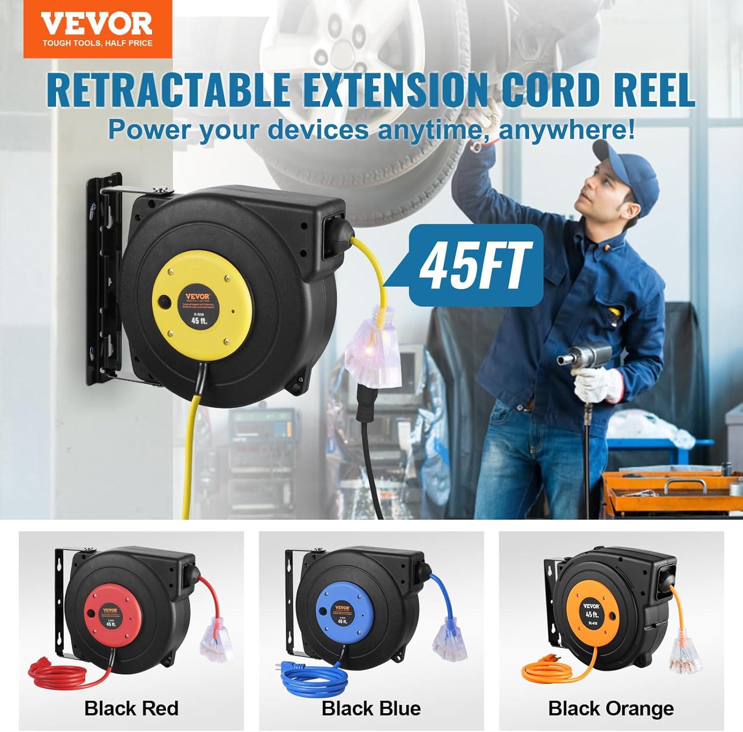 image:imageVEVOR Retractable Extension Cord Reel 65 FT Heavy Duty 12AWG3C SJTOW Retractable Power Cord with Lighted Triple Tap Outlet 15 Amp Circuit Breaker 180 Swivel Bracket for Ceiling or Wall MountYellow