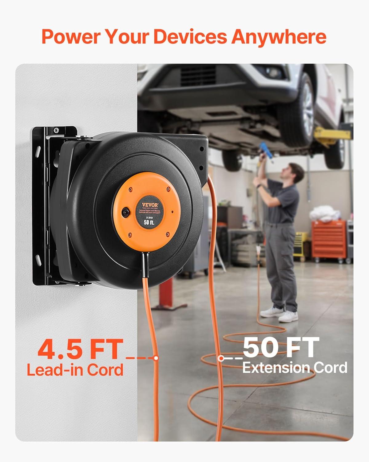 image:imageVEVOR Retractable Extension Cord Reel 65 FT Heavy Duty 12AWG3C SJTOW Retractable Power Cord with Lighted Triple Tap Outlet 15 Amp Circuit Breaker 180 Swivel Bracket for Ceiling or Wall MountBlack Orange