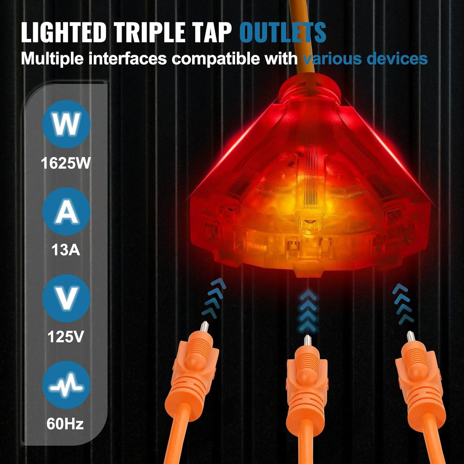 image:imageVEVOR Retractable Extension Cord Reel 65 FT Heavy Duty 12AWG3C SJTOW Retractable Power Cord with Lighted Triple Tap Outlet 15 Amp Circuit Breaker 180 Swivel Bracket for Ceiling or Wall MountOrange