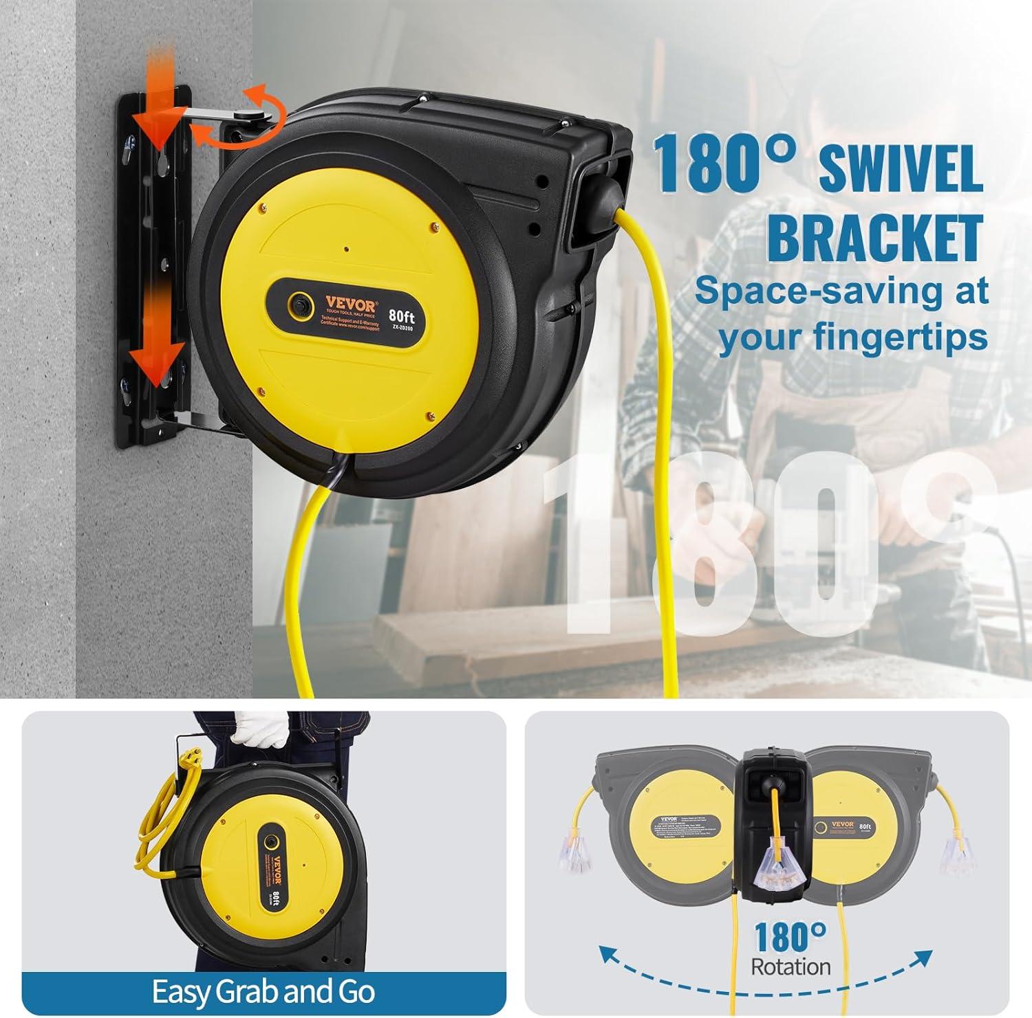 image:imageVEVOR Retractable Extension Cord Reel 65 FT Heavy Duty 12AWG3C SJTOW Retractable Power Cord with Lighted Triple Tap Outlet 15 Amp Circuit Breaker 180 Swivel Bracket for Ceiling or Wall MountYellow