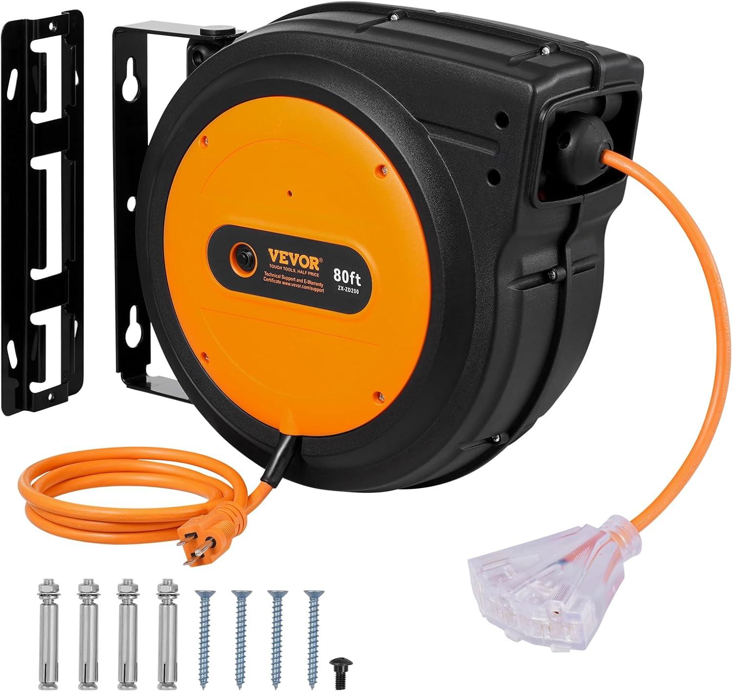 image:imageVEVOR Retractable Extension Cord Reel 65 FT Heavy Duty 12AWG3C SJTOW Retractable Power Cord with Lighted Triple Tap Outlet 15 Amp Circuit Breaker 180 Swivel Bracket for Ceiling or Wall MountOrange