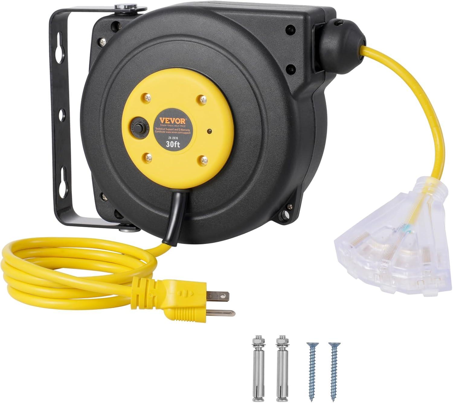 image:imageVEVOR Retractable Extension Cord Reel 65 FT Heavy Duty 12AWG3C SJTOW Retractable Power Cord with Lighted Triple Tap Outlet 15 Amp Circuit Breaker 180 Swivel Bracket for Ceiling or Wall MountYellow