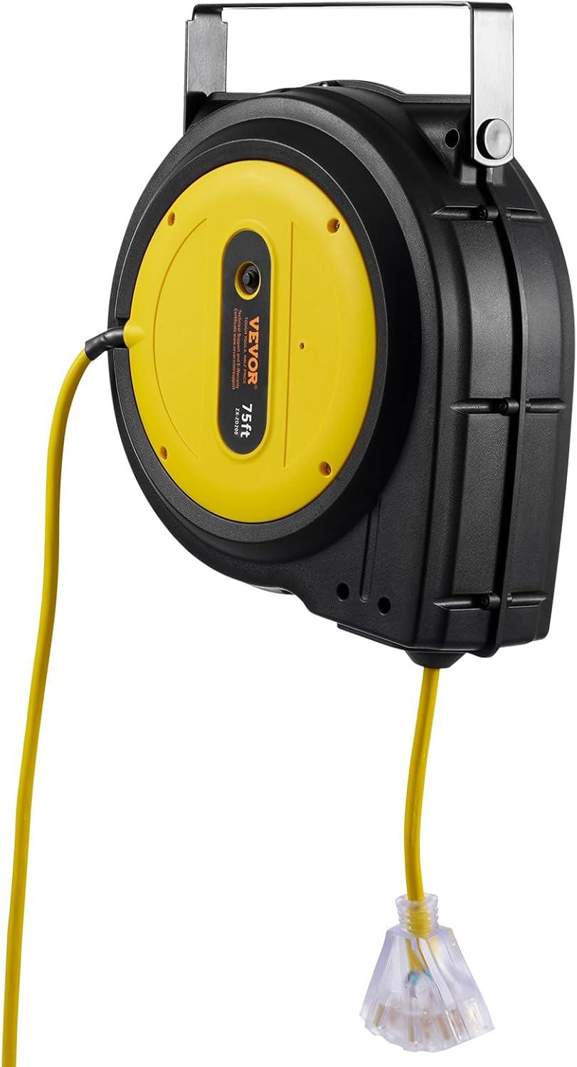 image:imageVEVOR Retractable Extension Cord Reel 65 FT Heavy Duty 12AWG3C SJTOW Retractable Power Cord with Lighted Triple Tap Outlet 15 Amp Circuit Breaker 180 Swivel Bracket for Ceiling or Wall MountYellow