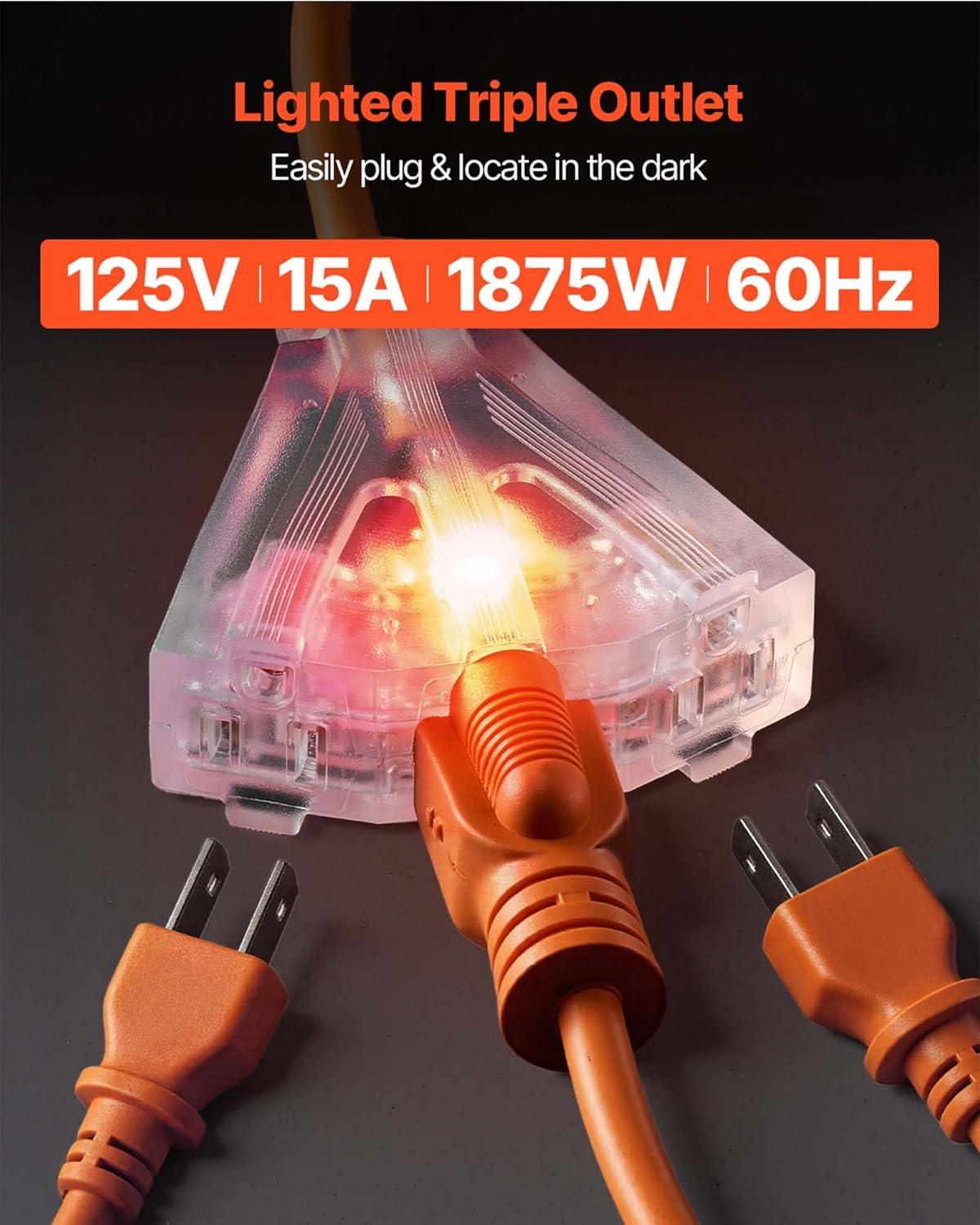 image:imageVEVOR Retractable Extension Cord Reel 65 FT Heavy Duty 12AWG3C SJTOW Retractable Power Cord with Lighted Triple Tap Outlet 15 Amp Circuit Breaker 180 Swivel Bracket for Ceiling or Wall MountBlack Orange
