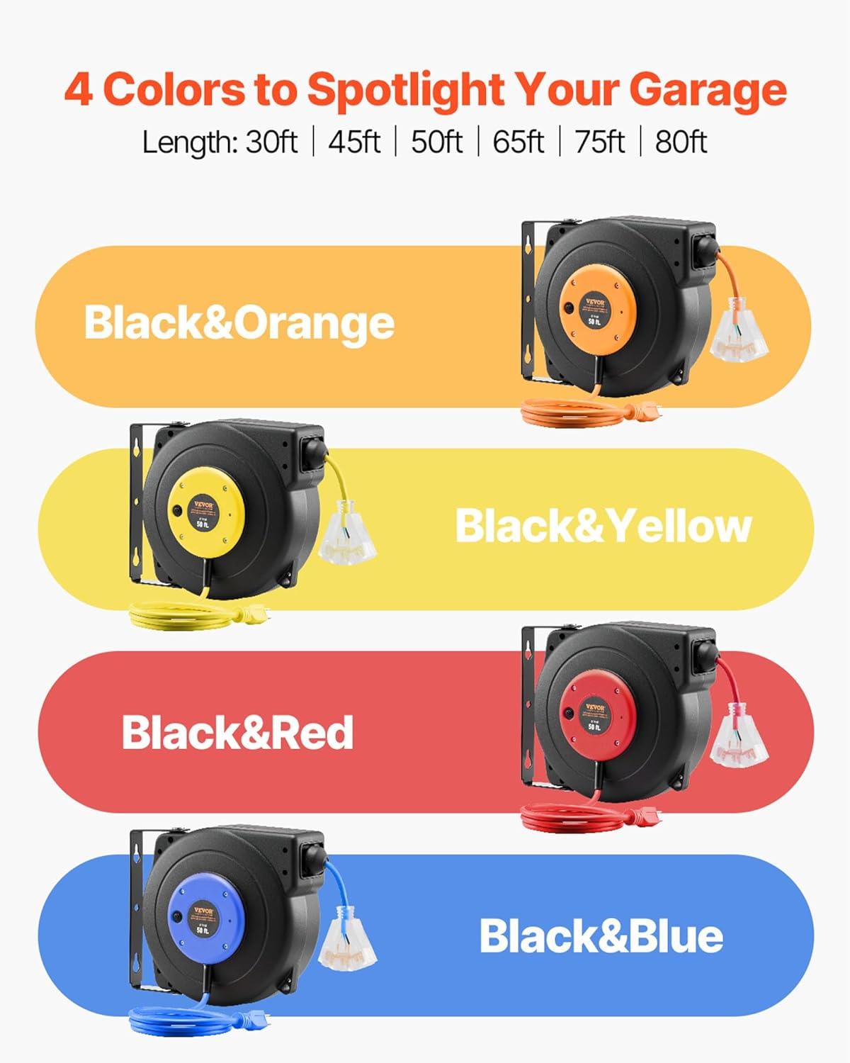 image:imageVEVOR Retractable Extension Cord Reel 65 FT Heavy Duty 12AWG3C SJTOW Retractable Power Cord with Lighted Triple Tap Outlet 15 Amp Circuit Breaker 180 Swivel Bracket for Ceiling or Wall MountBlack Orange