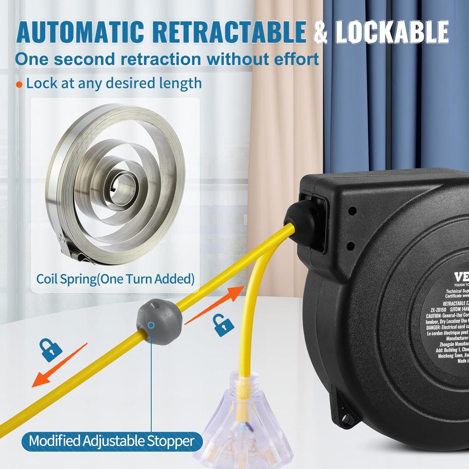 image:imageVEVOR Retractable Extension Cord Reel 65 FT Heavy Duty 12AWG3C SJTOW Retractable Power Cord with Lighted Triple Tap Outlet 15 Amp Circuit Breaker 180 Swivel Bracket for Ceiling or Wall MountYellow