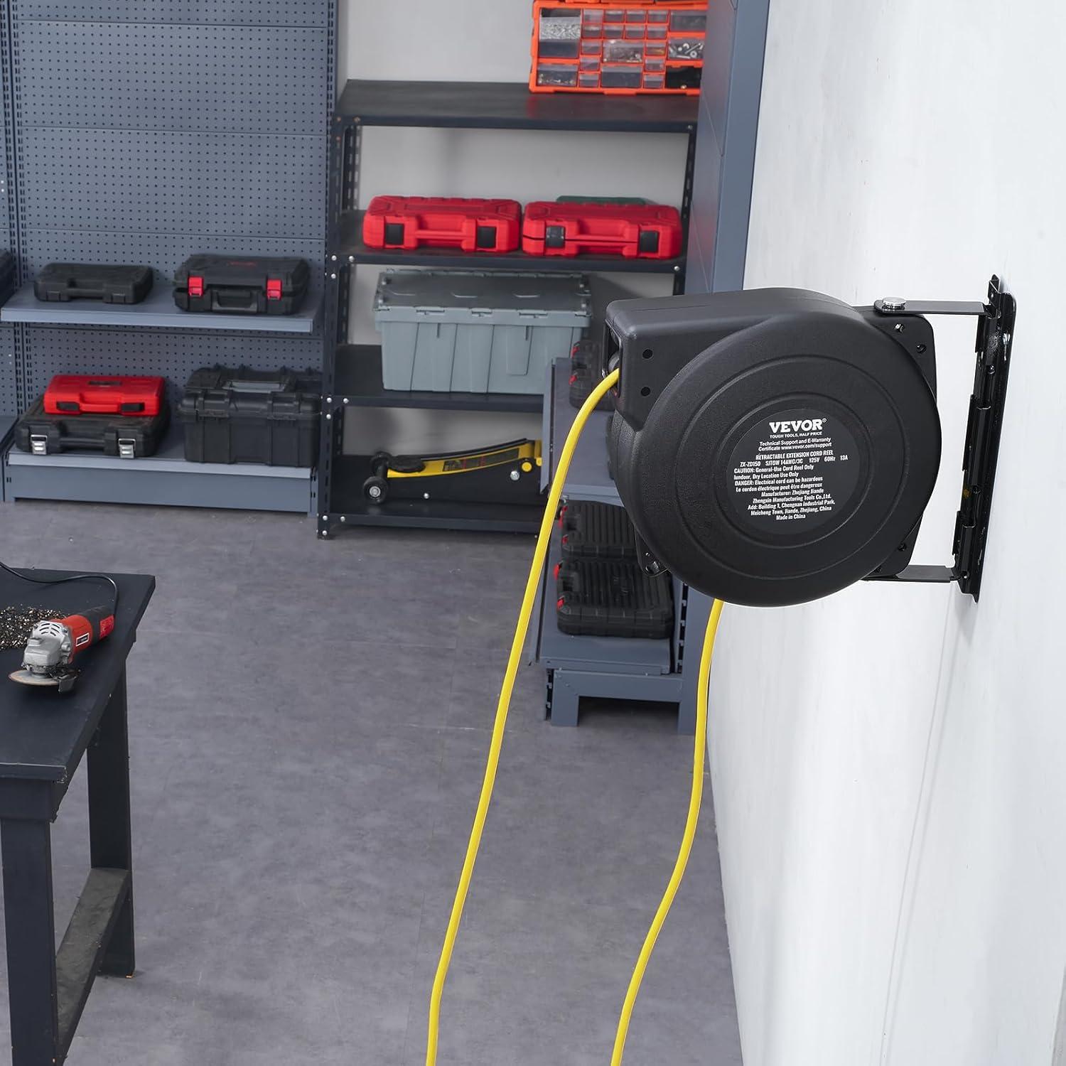 image:imageVEVOR Retractable Extension Cord Reel 65 FT Heavy Duty 12AWG3C SJTOW Retractable Power Cord with Lighted Triple Tap Outlet 15 Amp Circuit Breaker 180 Swivel Bracket for Ceiling or Wall MountYellow