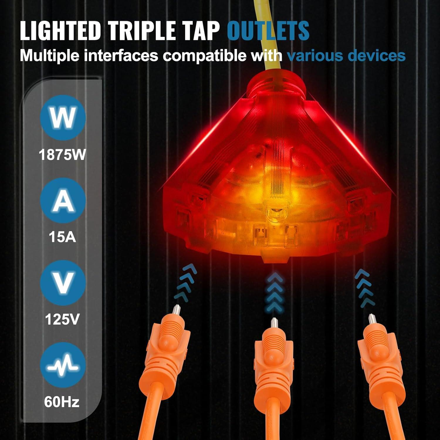 image:imageVEVOR Retractable Extension Cord Reel 65 FT Heavy Duty 12AWG3C SJTOW Retractable Power Cord with Lighted Triple Tap Outlet 15 Amp Circuit Breaker 180 Swivel Bracket for Ceiling or Wall MountYellow