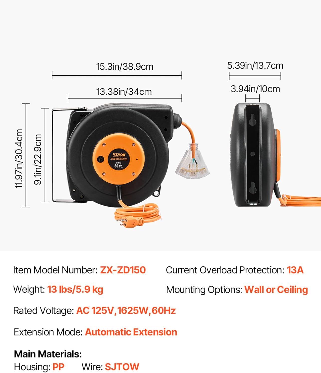 image:imageVEVOR Retractable Extension Cord Reel 65 FT Heavy Duty 12AWG3C SJTOW Retractable Power Cord with Lighted Triple Tap Outlet 15 Amp Circuit Breaker 180 Swivel Bracket for Ceiling or Wall MountBlack Orange