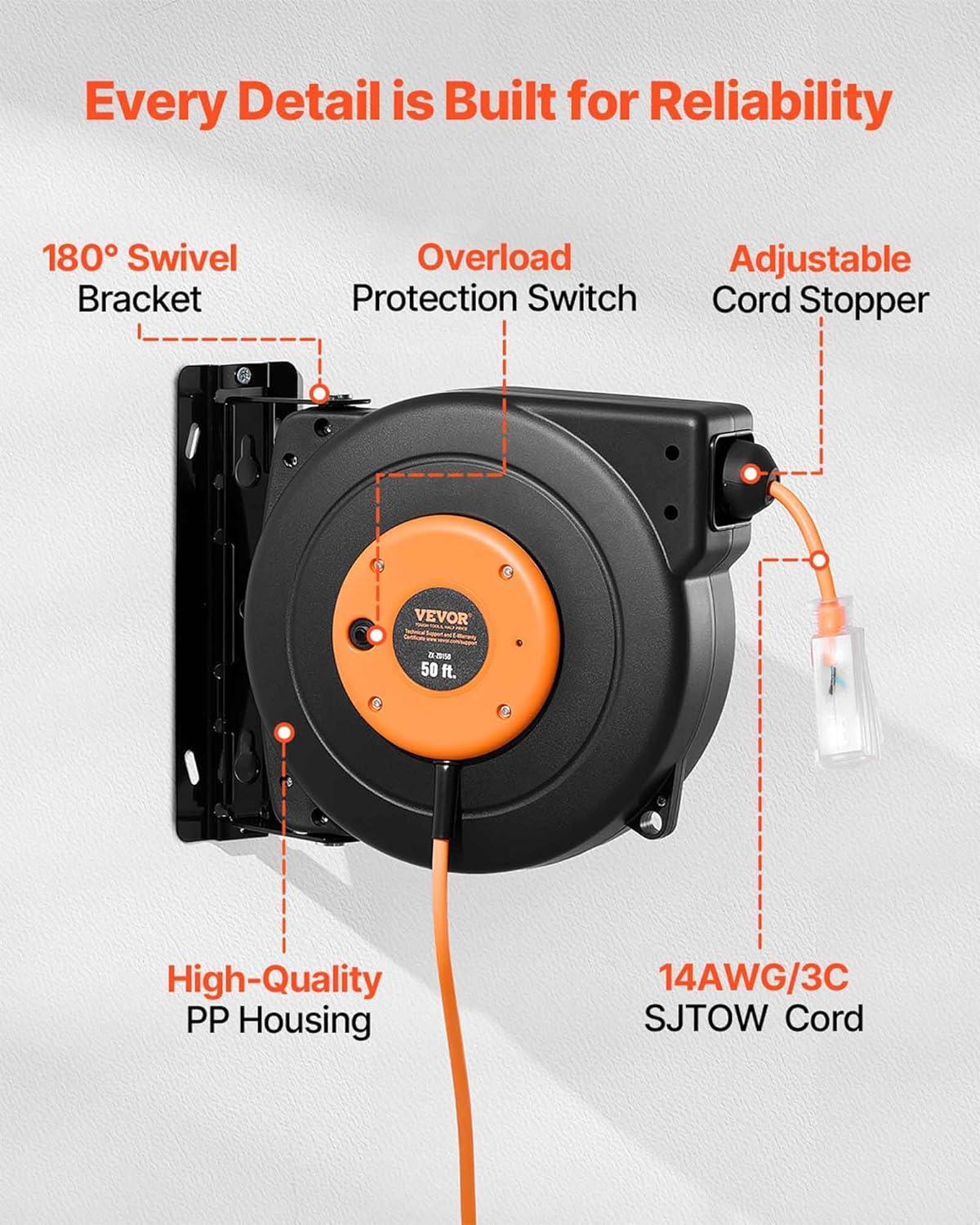 image:imageVEVOR Retractable Extension Cord Reel 65 FT Heavy Duty 12AWG3C SJTOW Retractable Power Cord with Lighted Triple Tap Outlet 15 Amp Circuit Breaker 180 Swivel Bracket for Ceiling or Wall MountBlack Orange