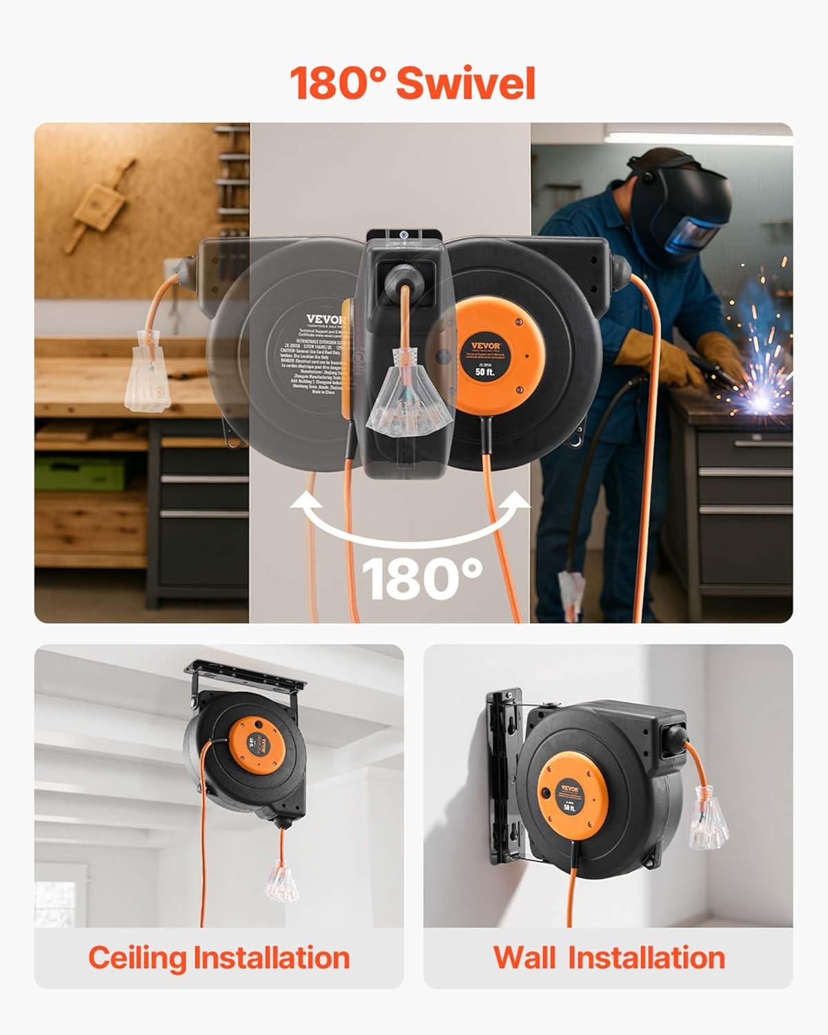 image:imageVEVOR Retractable Extension Cord Reel 65 FT Heavy Duty 12AWG3C SJTOW Retractable Power Cord with Lighted Triple Tap Outlet 15 Amp Circuit Breaker 180 Swivel Bracket for Ceiling or Wall MountBlack Orange