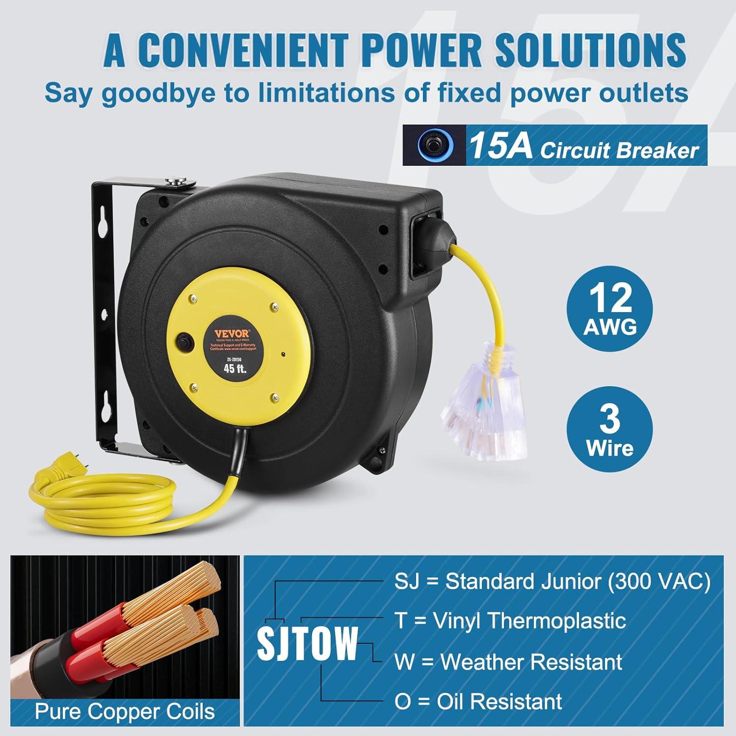 image:imageVEVOR Retractable Extension Cord Reel 65 FT Heavy Duty 12AWG3C SJTOW Retractable Power Cord with Lighted Triple Tap Outlet 15 Amp Circuit Breaker 180 Swivel Bracket for Ceiling or Wall MountYellow