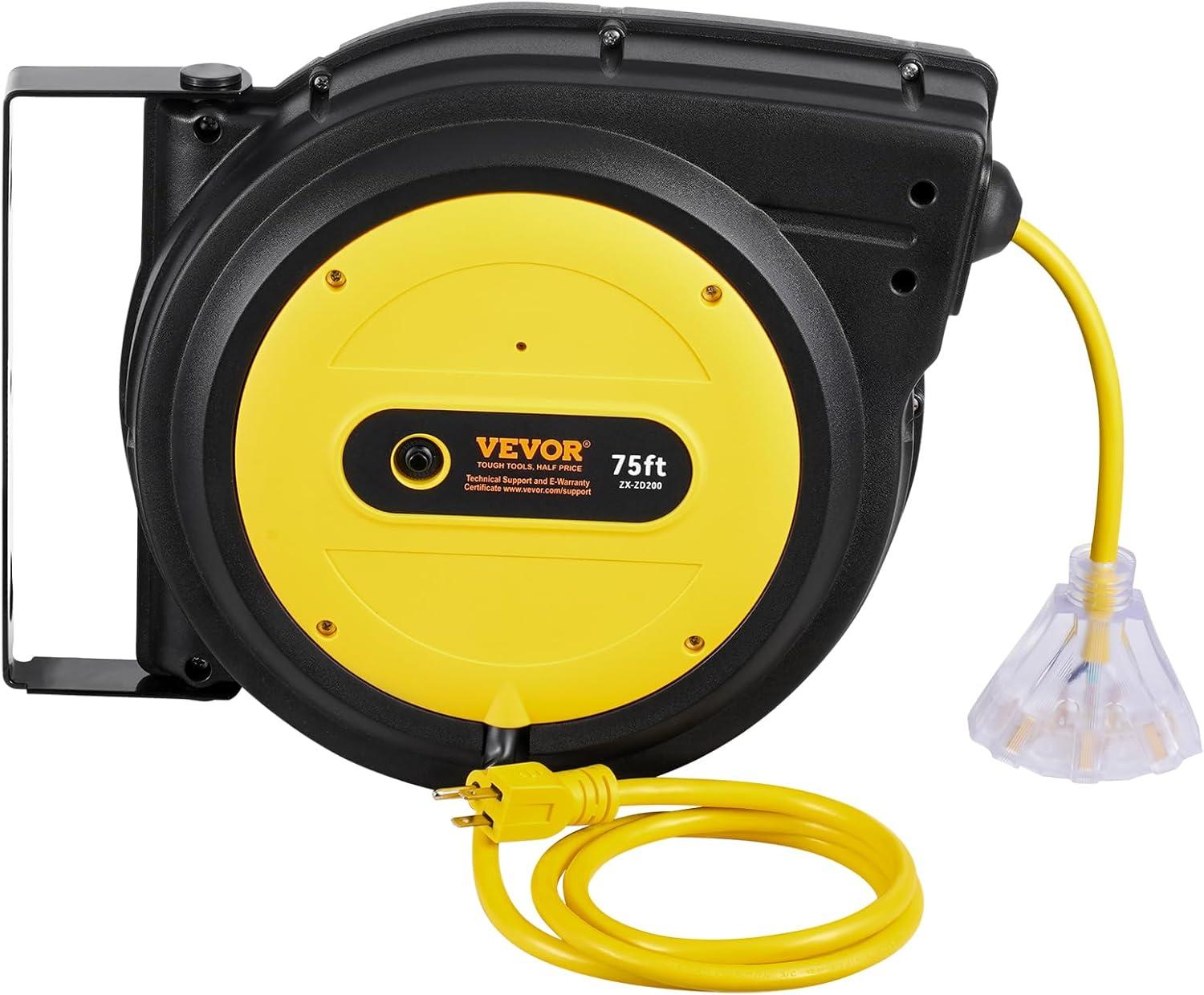 image:imageVEVOR Retractable Extension Cord Reel 65 FT Heavy Duty 12AWG3C SJTOW Retractable Power Cord with Lighted Triple Tap Outlet 15 Amp Circuit Breaker 180 Swivel Bracket for Ceiling or Wall MountYellow