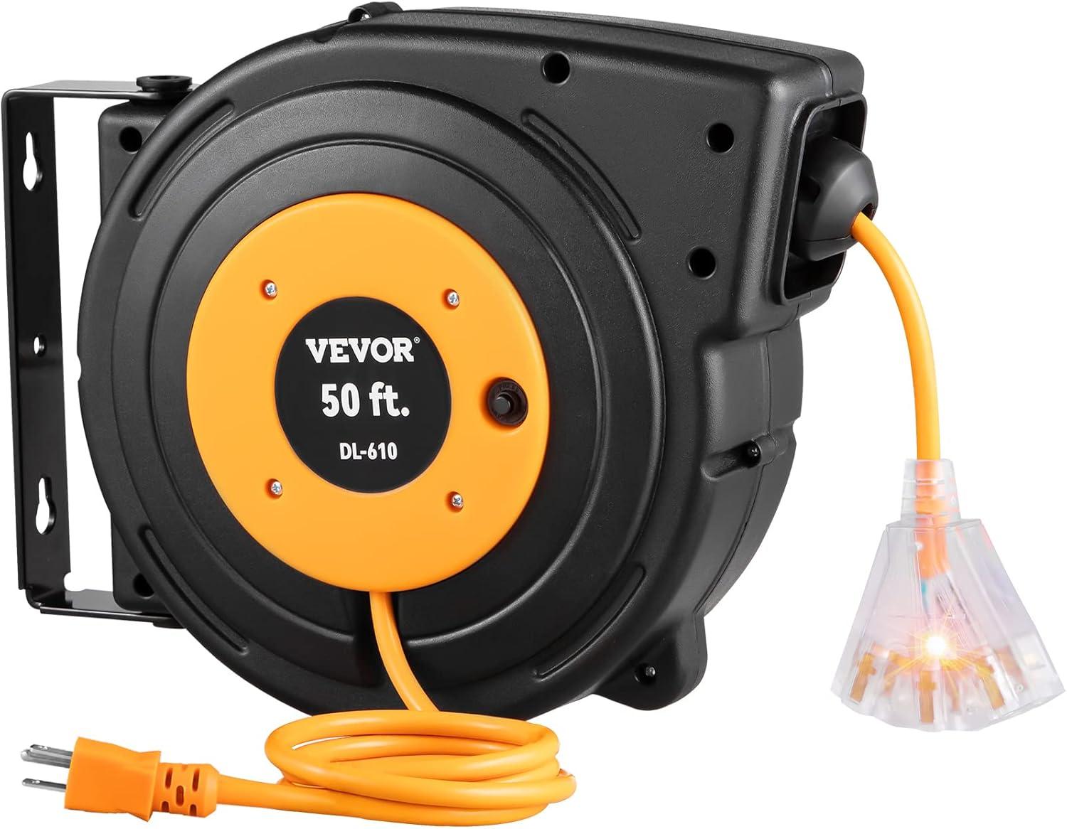 image:imageVEVOR Retractable Extension Cord Reel 65 FT Heavy Duty 12AWG3C SJTOW Retractable Power Cord with Lighted Triple Tap Outlet 15 Amp Circuit Breaker 180 Swivel Bracket for Ceiling or Wall MountBlack Orange