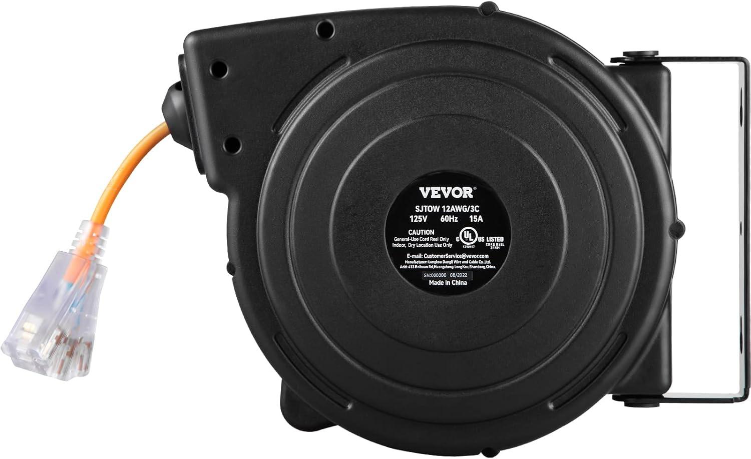 image:imageVEVOR Retractable Extension Cord Reel 65 FT Heavy Duty 12AWG3C SJTOW Retractable Power Cord with Lighted Triple Tap Outlet 15 Amp Circuit Breaker 180 Swivel Bracket for Ceiling or Wall MountBlack Orange