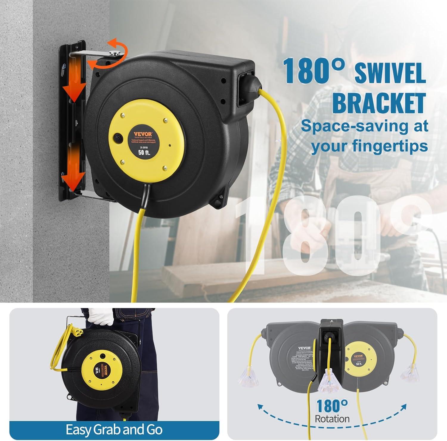 image:imageVEVOR Retractable Extension Cord Reel 65 FT Heavy Duty 12AWG3C SJTOW Retractable Power Cord with Lighted Triple Tap Outlet 15 Amp Circuit Breaker 180 Swivel Bracket for Ceiling or Wall MountYellow