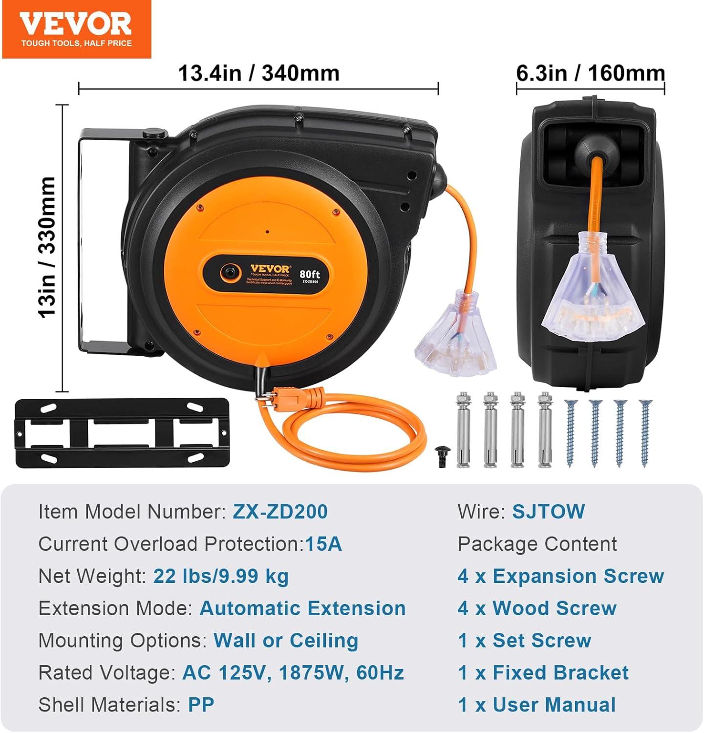 image:imageVEVOR Retractable Extension Cord Reel 65 FT Heavy Duty 12AWG3C SJTOW Retractable Power Cord with Lighted Triple Tap Outlet 15 Amp Circuit Breaker 180 Swivel Bracket for Ceiling or Wall MountOrange