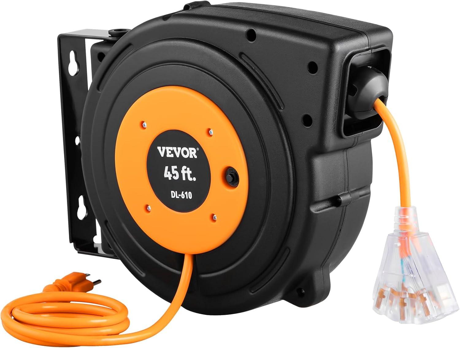 image:imageVEVOR Retractable Extension Cord Reel 65 FT Heavy Duty 12AWG3C SJTOW Retractable Power Cord with Lighted Triple Tap Outlet 15 Amp Circuit Breaker 180 Swivel Bracket for Ceiling or Wall MountBlack Orange