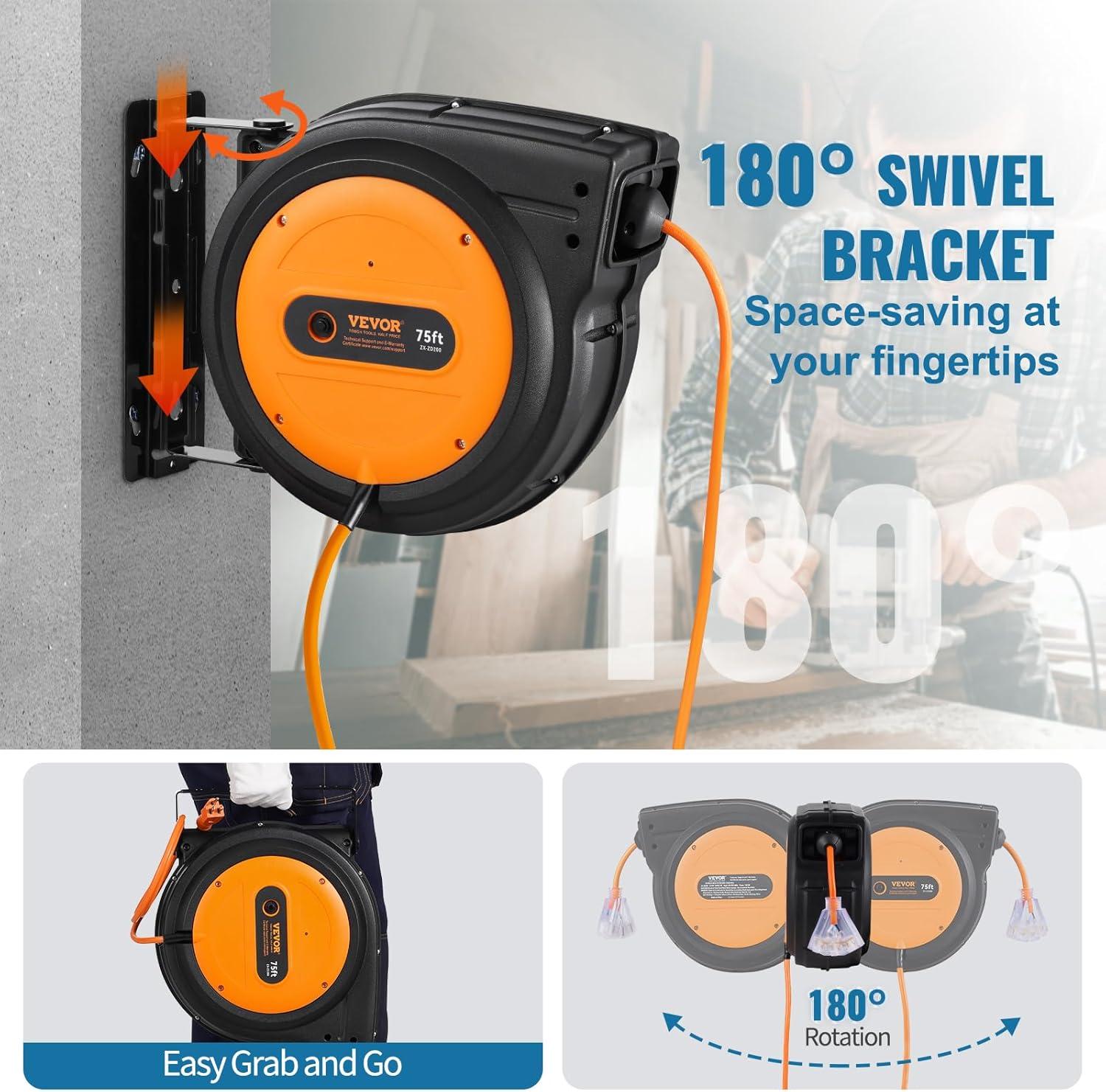 image:imageVEVOR Retractable Extension Cord Reel 65 FT Heavy Duty 12AWG3C SJTOW Retractable Power Cord with Lighted Triple Tap Outlet 15 Amp Circuit Breaker 180 Swivel Bracket for Ceiling or Wall MountOrange