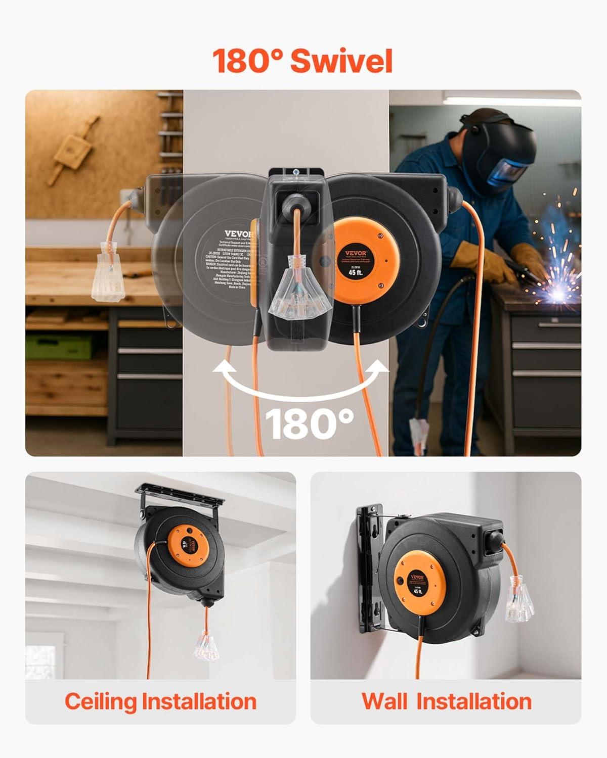 image:imageVEVOR Retractable Extension Cord Reel 65 FT Heavy Duty 12AWG3C SJTOW Retractable Power Cord with Lighted Triple Tap Outlet 15 Amp Circuit Breaker 180 Swivel Bracket for Ceiling or Wall MountBlack Orange
