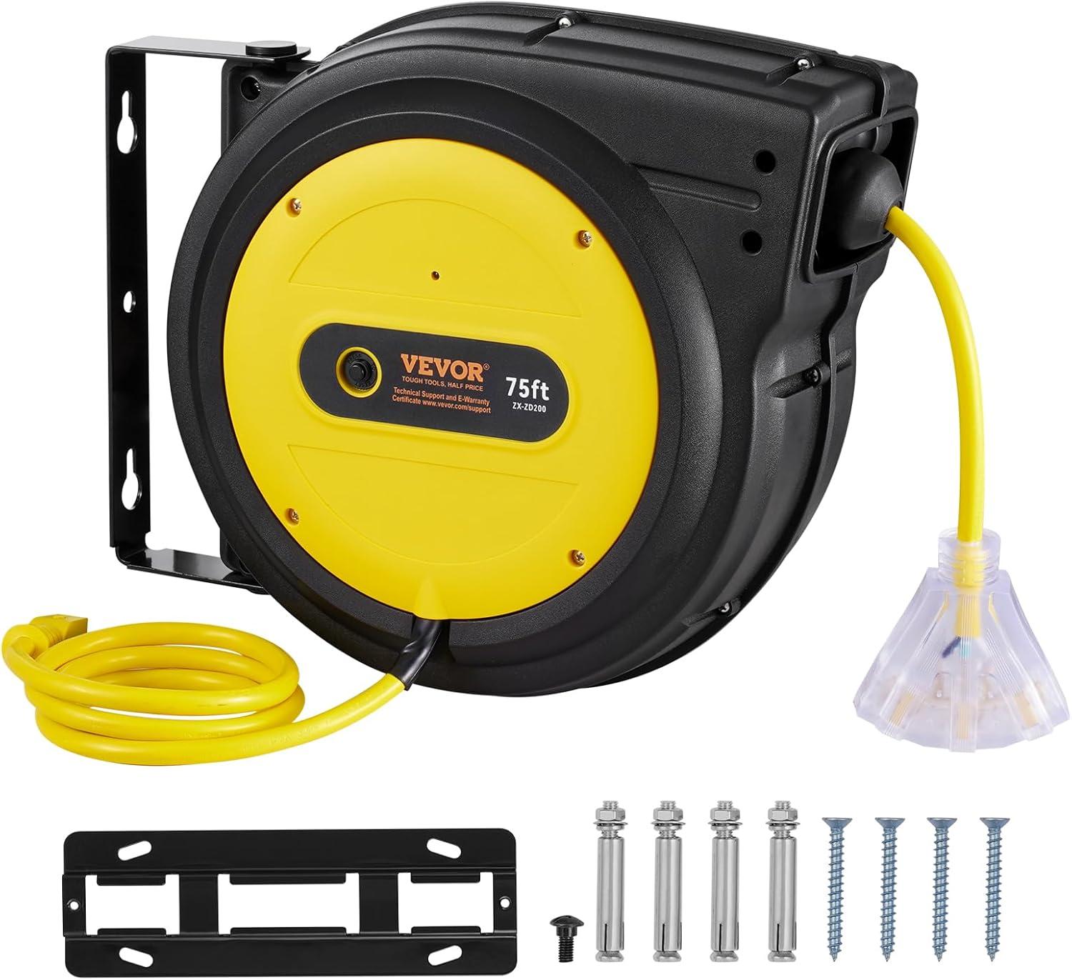 image:imageVEVOR Retractable Extension Cord Reel 65 FT Heavy Duty 12AWG3C SJTOW Retractable Power Cord with Lighted Triple Tap Outlet 15 Amp Circuit Breaker 180 Swivel Bracket for Ceiling or Wall MountYellow