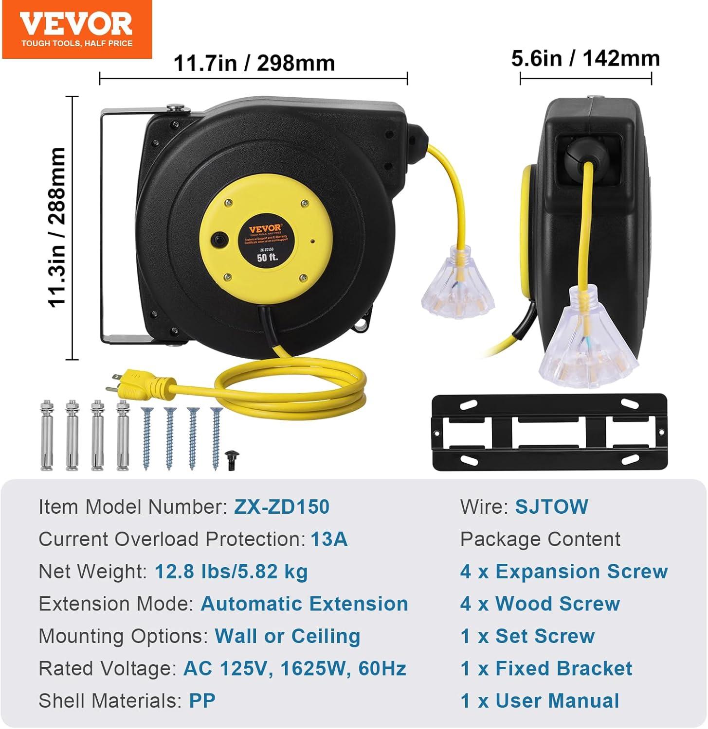 image:imageVEVOR Retractable Extension Cord Reel 65 FT Heavy Duty 12AWG3C SJTOW Retractable Power Cord with Lighted Triple Tap Outlet 15 Amp Circuit Breaker 180 Swivel Bracket for Ceiling or Wall MountYellow
