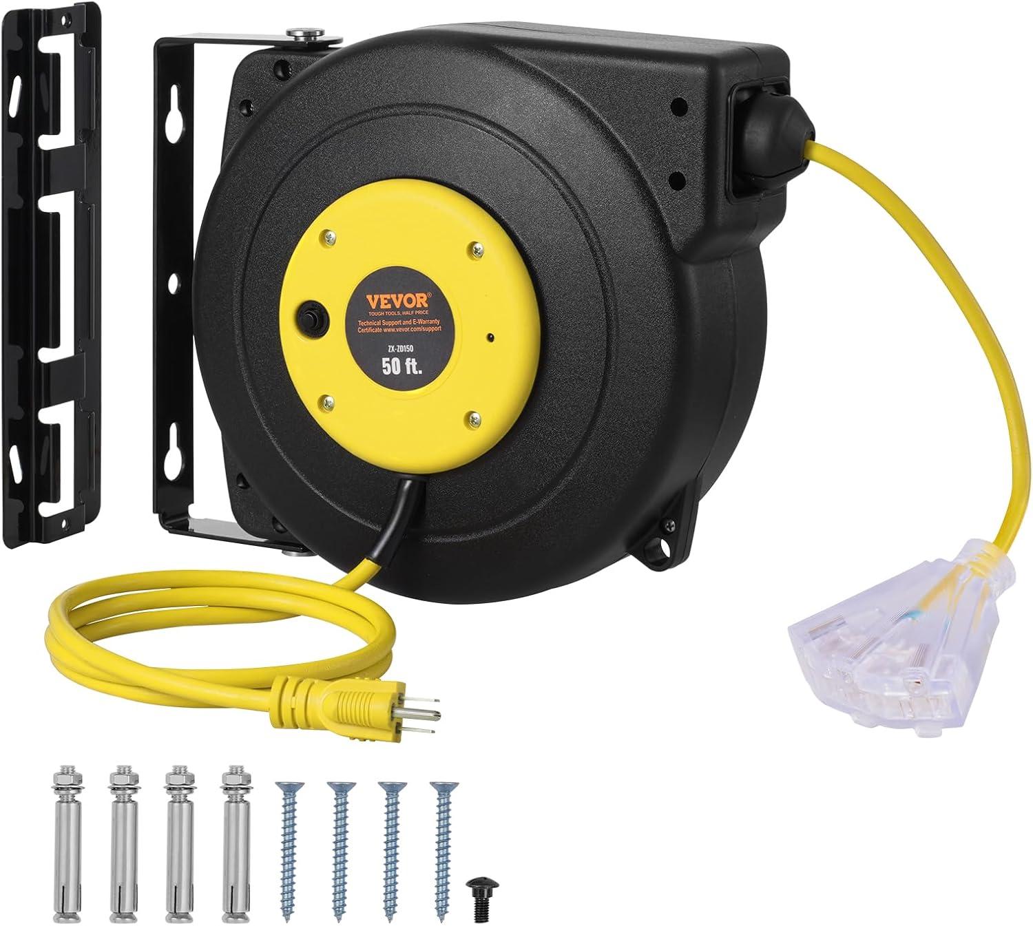 image:imageVEVOR Retractable Extension Cord Reel 65 FT Heavy Duty 12AWG3C SJTOW Retractable Power Cord with Lighted Triple Tap Outlet 15 Amp Circuit Breaker 180 Swivel Bracket for Ceiling or Wall MountYellow