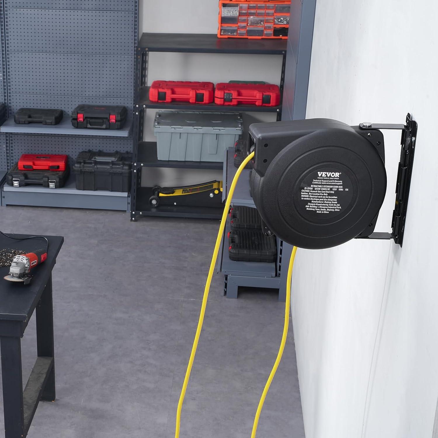 image:imageVEVOR Retractable Extension Cord Reel 65 FT Heavy Duty 12AWG3C SJTOW Retractable Power Cord with Lighted Triple Tap Outlet 15 Amp Circuit Breaker 180 Swivel Bracket for Ceiling or Wall MountYellow