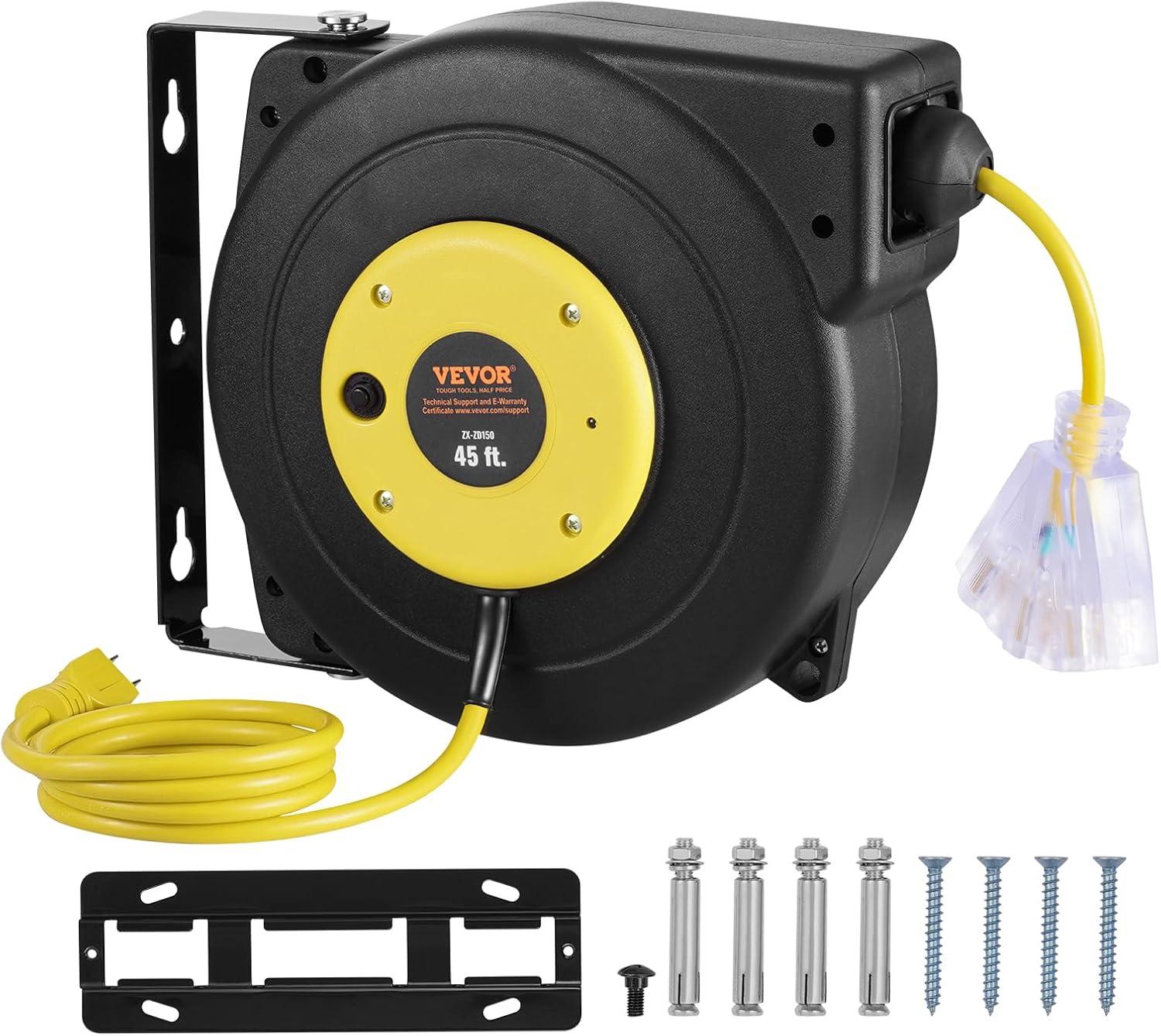 image:imageVEVOR Retractable Extension Cord Reel 65 FT Heavy Duty 12AWG3C SJTOW Retractable Power Cord with Lighted Triple Tap Outlet 15 Amp Circuit Breaker 180 Swivel Bracket for Ceiling or Wall MountYellow