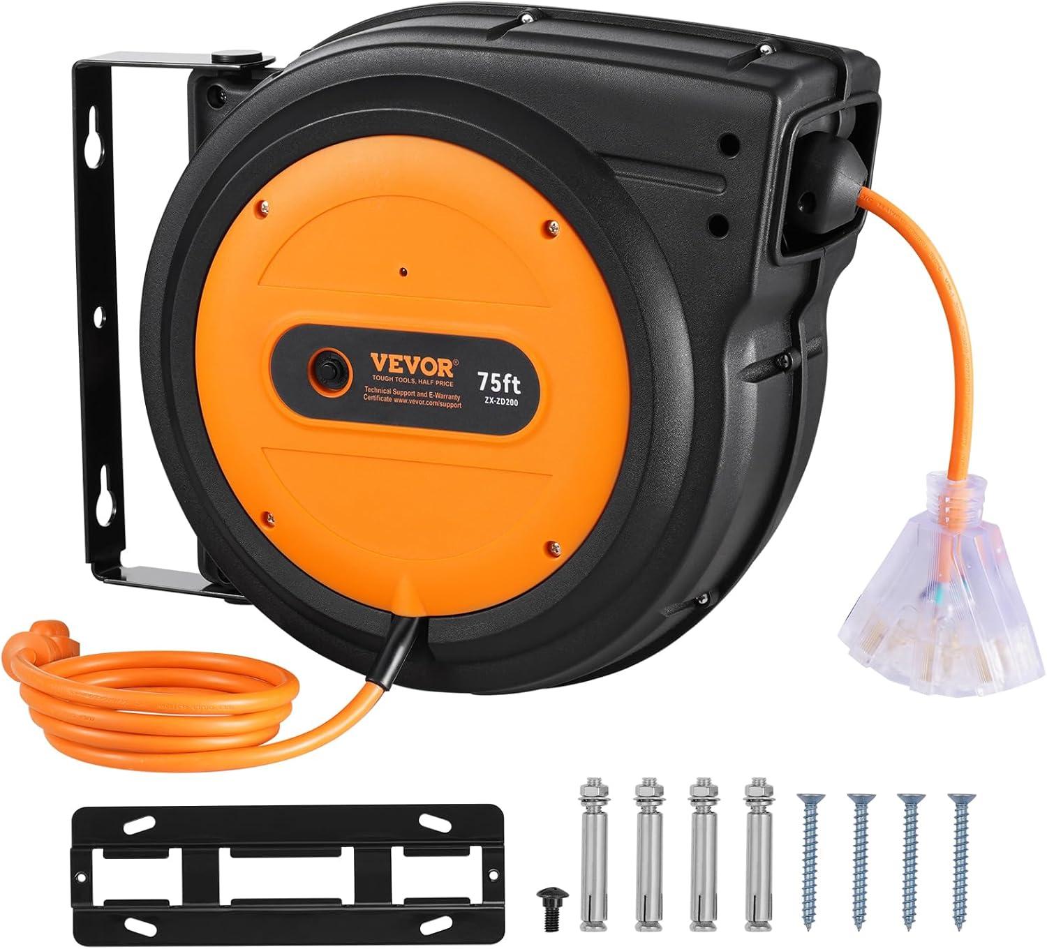 image:imageVEVOR Retractable Extension Cord Reel 65 FT Heavy Duty 12AWG3C SJTOW Retractable Power Cord with Lighted Triple Tap Outlet 15 Amp Circuit Breaker 180 Swivel Bracket for Ceiling or Wall MountOrange